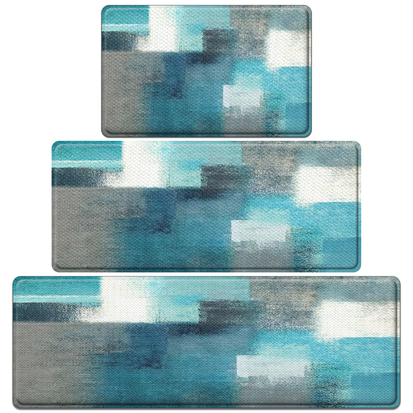 Arttown Teal Anti-Fatigue Kitchen Rug Set of 3 Grey Abstract Cushioned Floor Standing Mat Waterproof Non-Slip Mat and PVC Ergonomic Comfort Foam Rug