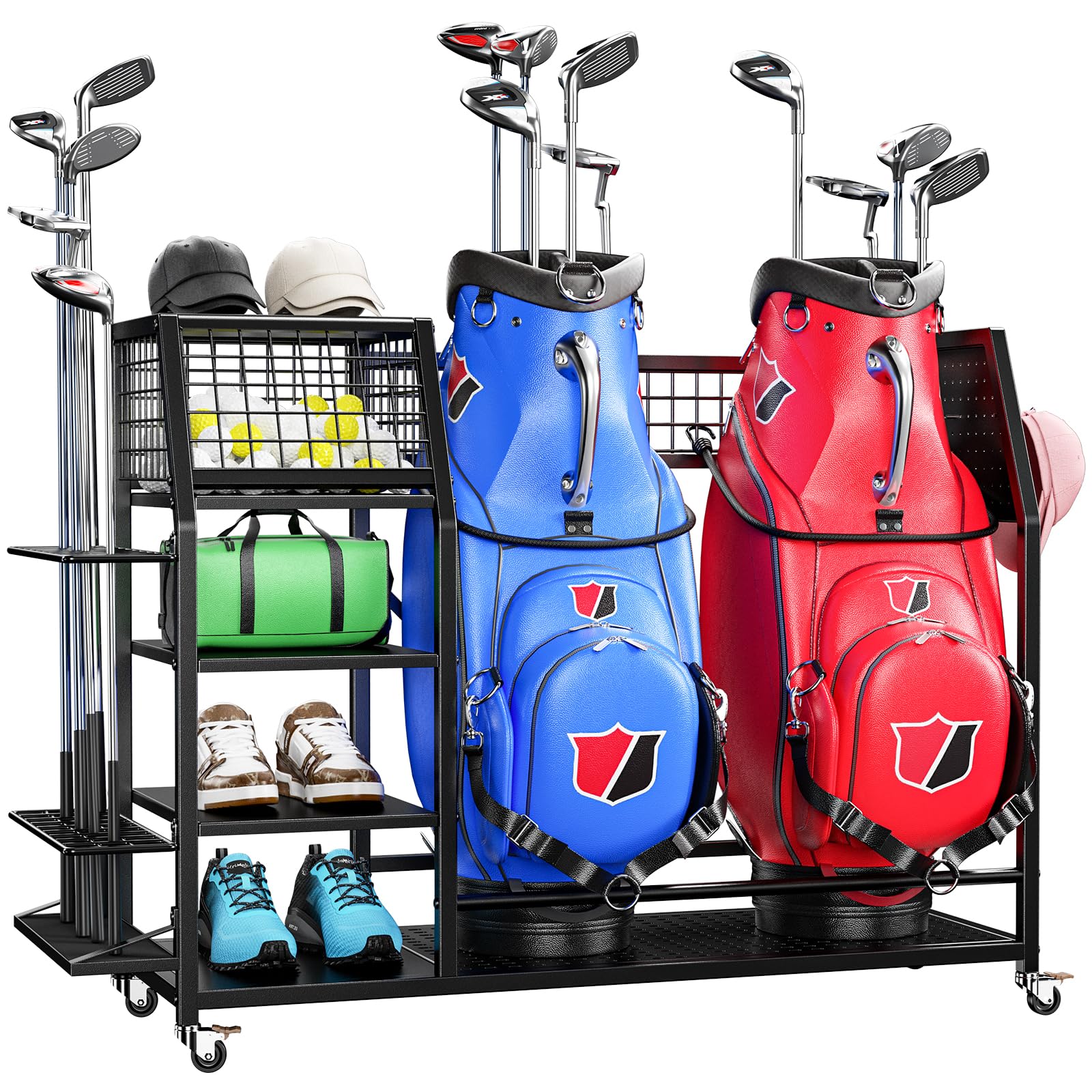43.3“W Golf Bag Organizer with Wheels, Holds 2 Bags & 27 Clubs, Heavy Duty Thick Frame Garage Storage Rack Cart, High Load Capacity Golf Accessories Stand Holder, Ideal for Garage, Club, Shed