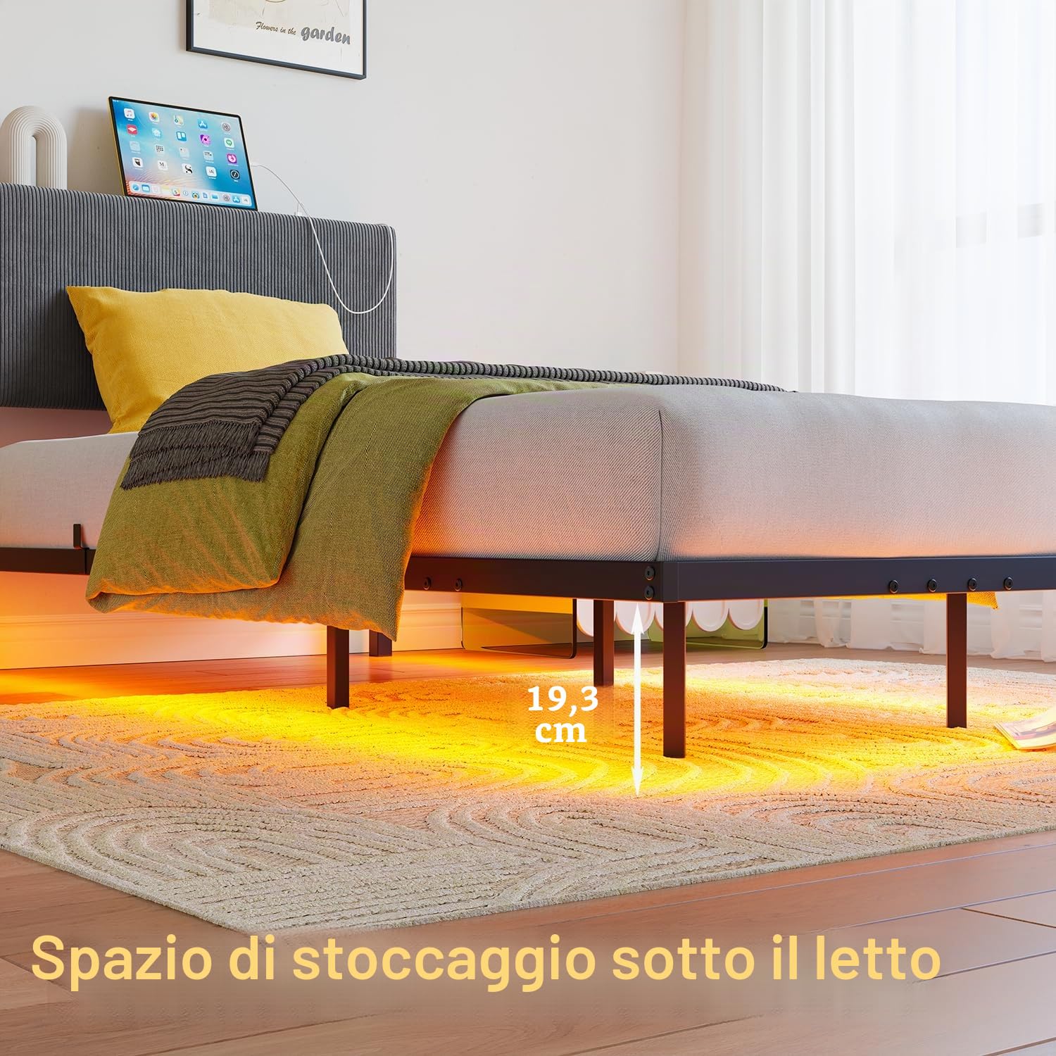 HOMERECOMMEND Letto 90 x 200 cm, effetto visivo galleggiante, telaio del letto con illuminazione a LED e stazione di ricarica, struttura per letto matrimoniale con testiera contenitore e rete a doghe