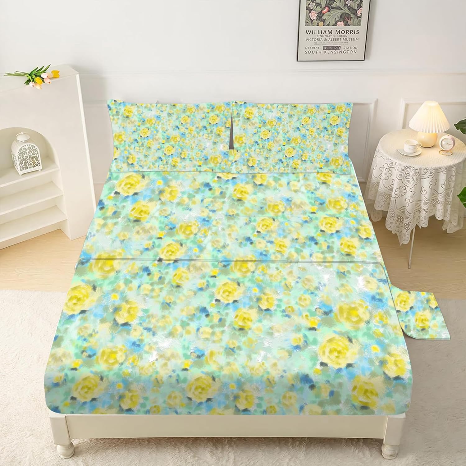 EDGZKO Floral Bedding Set Queen Size Green Yellow Botanical Flowers Bed