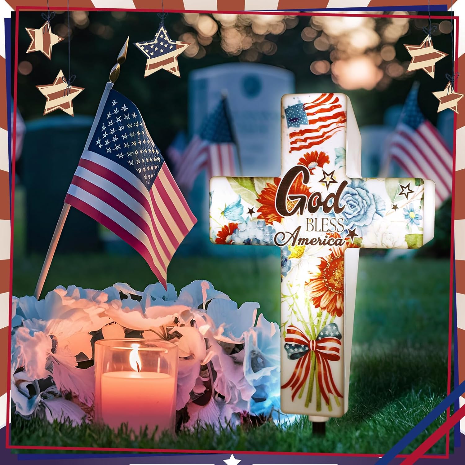 DoubleFill 4th of July Solar Lighted Cross Patriotic Floral Garden Stake Decor Red White and Blue Independence Day Solar Cross God Bless America Yard Decor for Memorial Veterans Day Outdoor Decoration