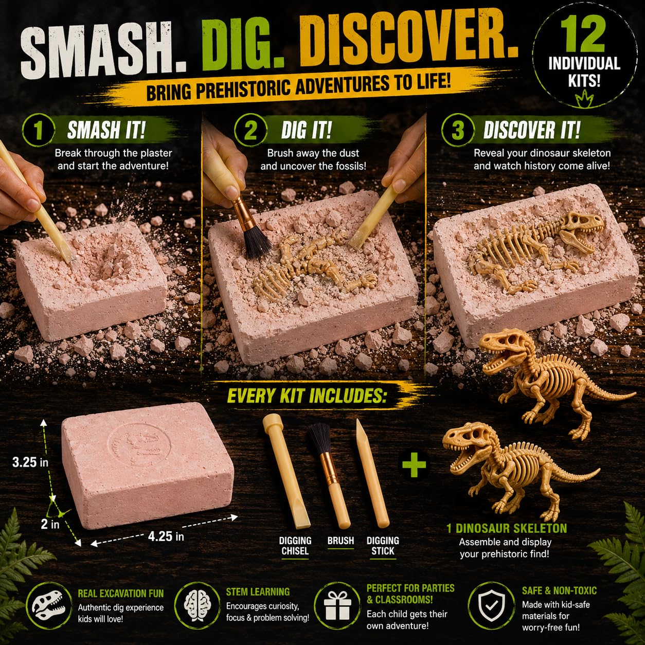 MUSCCCM Dinosaur Dig Kit Stégosaure, Dino Skeleton Fossil Excavation Kit Réaliste Dinosaure Modèle Jouets Éducatifs Cadeau pour Enfants Garçons Filles Cadeau du Nouvel an