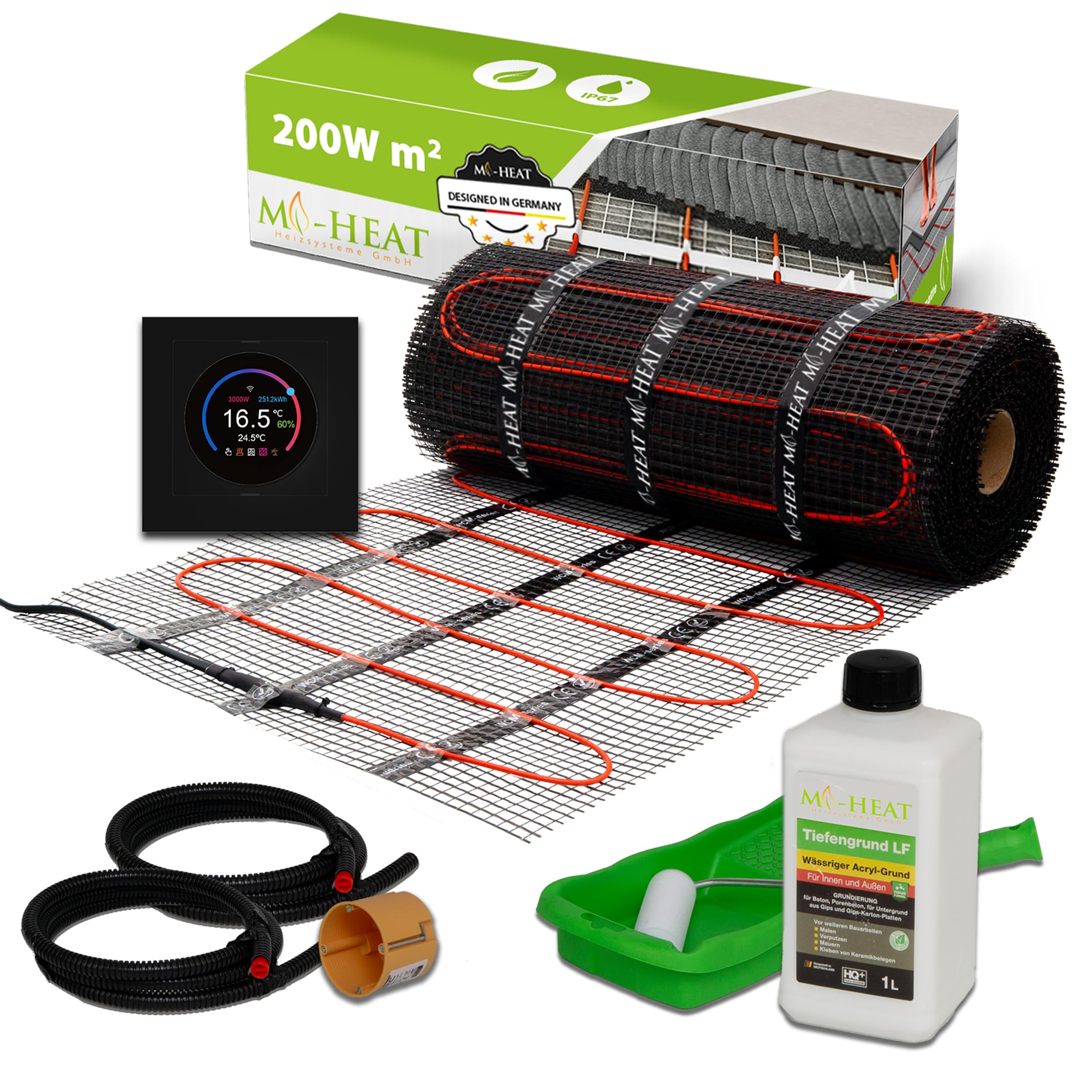 Mi-Heat Riscaldamento elettrico a pavimento, 200 W/m², 3,0 m², set – tappetino riscaldante per il bagno – per piastrelle sotto colla per piastrelle, riscaldamento elettrico, con termostato TH11 WiFi