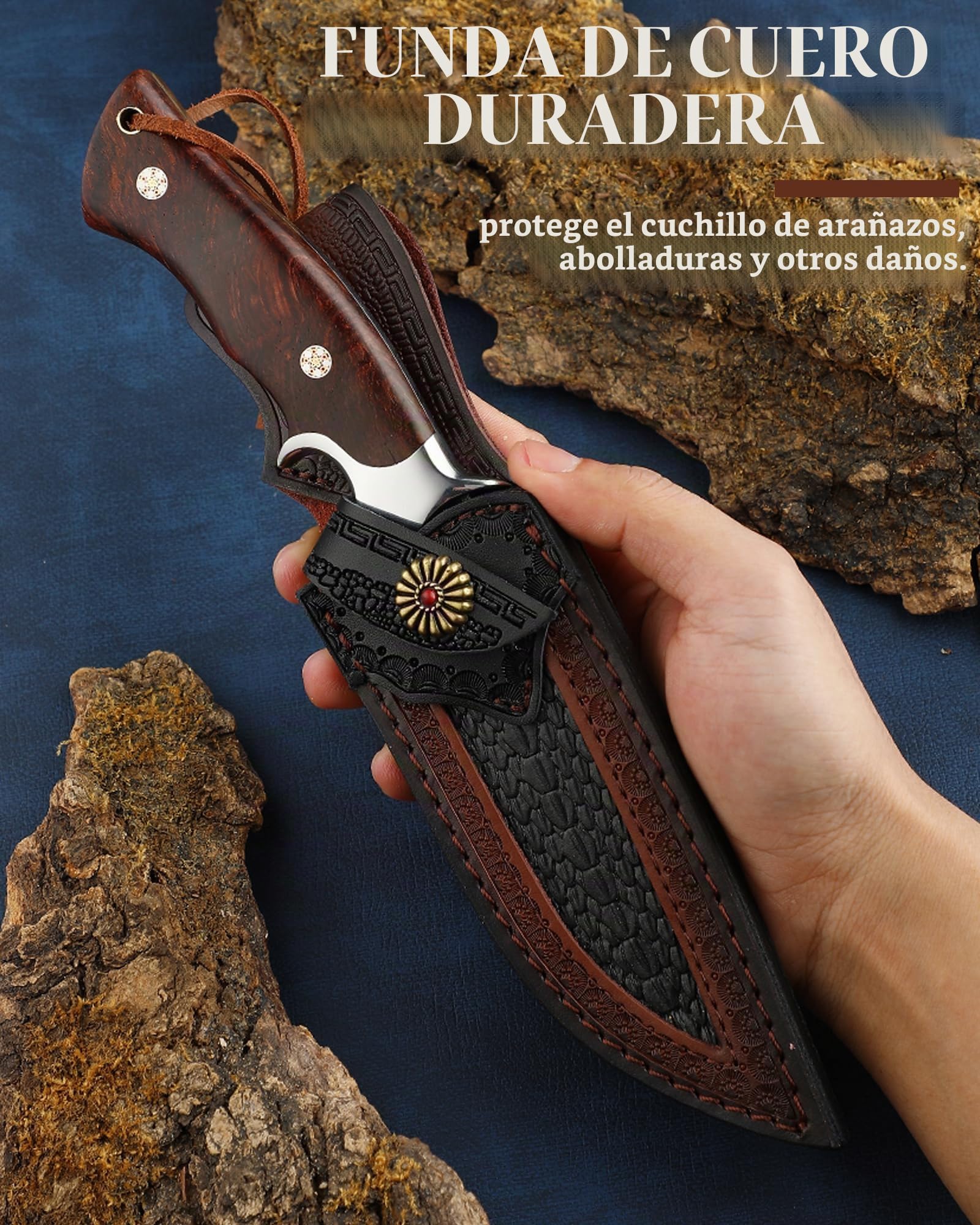 Omesio Cuchillo Damasco Forjado a Mano con Funda de Cuero Mango de Madera | Diseño de estilo japonés, ideal para camping, senderismo y actividades al aire libre.