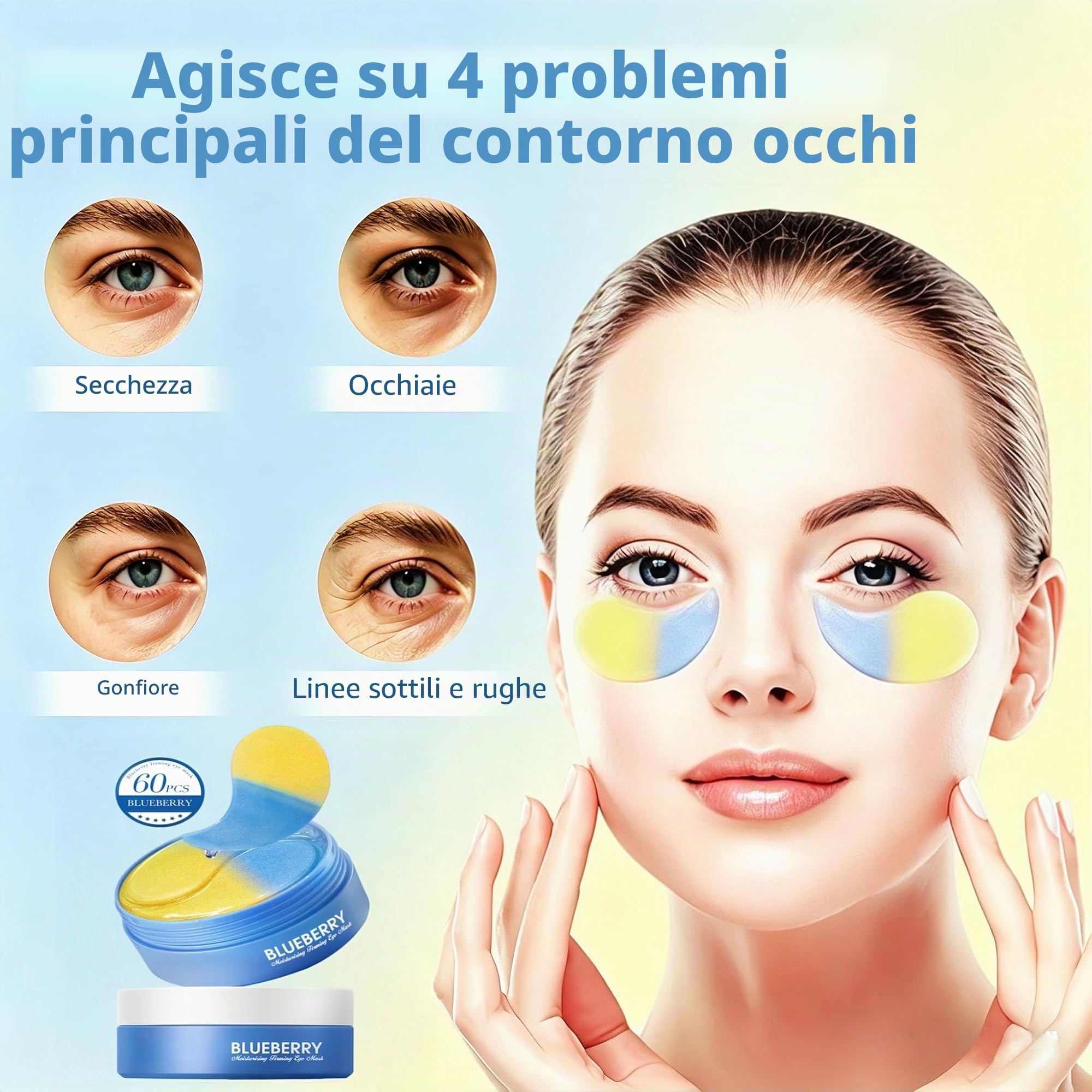 Patch Occhi per Borse e Occhiaie, 60PC Maschera Occhiaies,Maschera Collagene Patch,Eye Patches Essence,Allevia la Stanchezza, Elimina le Borse e Riduce le Rughe
