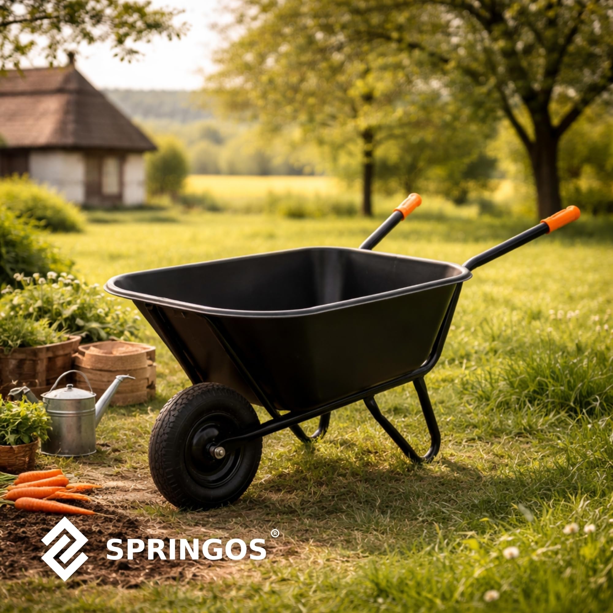 SPRINGOS - Brouette de jardin 300 litres à deux roues, capacité 160 kg, roues pneumatiques, bac en plastique, montage facile, pour travaux de jardinage et de construction