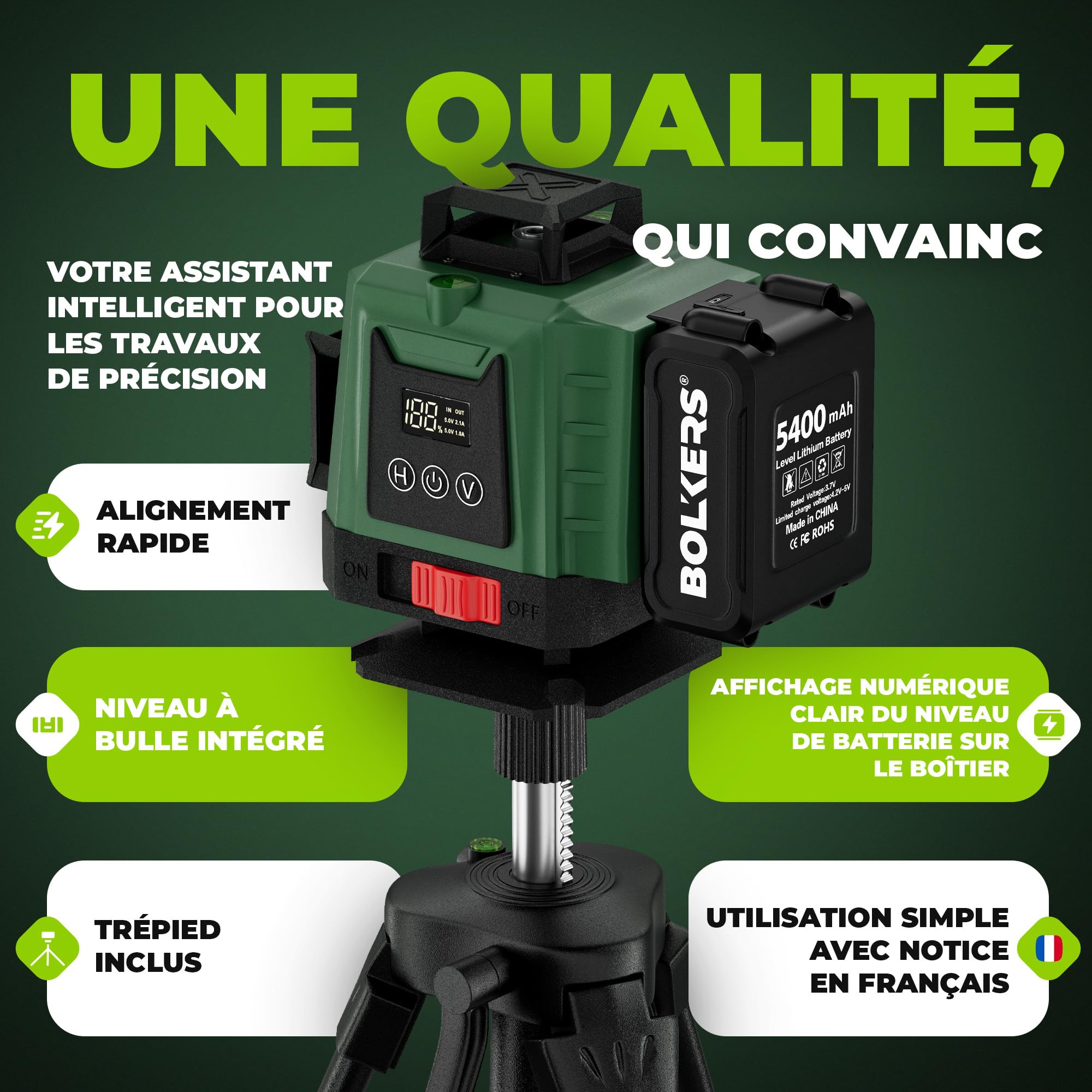 ProLaser 4x360° Niveau Laser Croix avec Trépied - Laser Vert Autonivelant, Niveau Laser Chantier, 16 Lignes, 2 Batteries, Mallette & Accessoires pour Carrelage, Mur & Installation