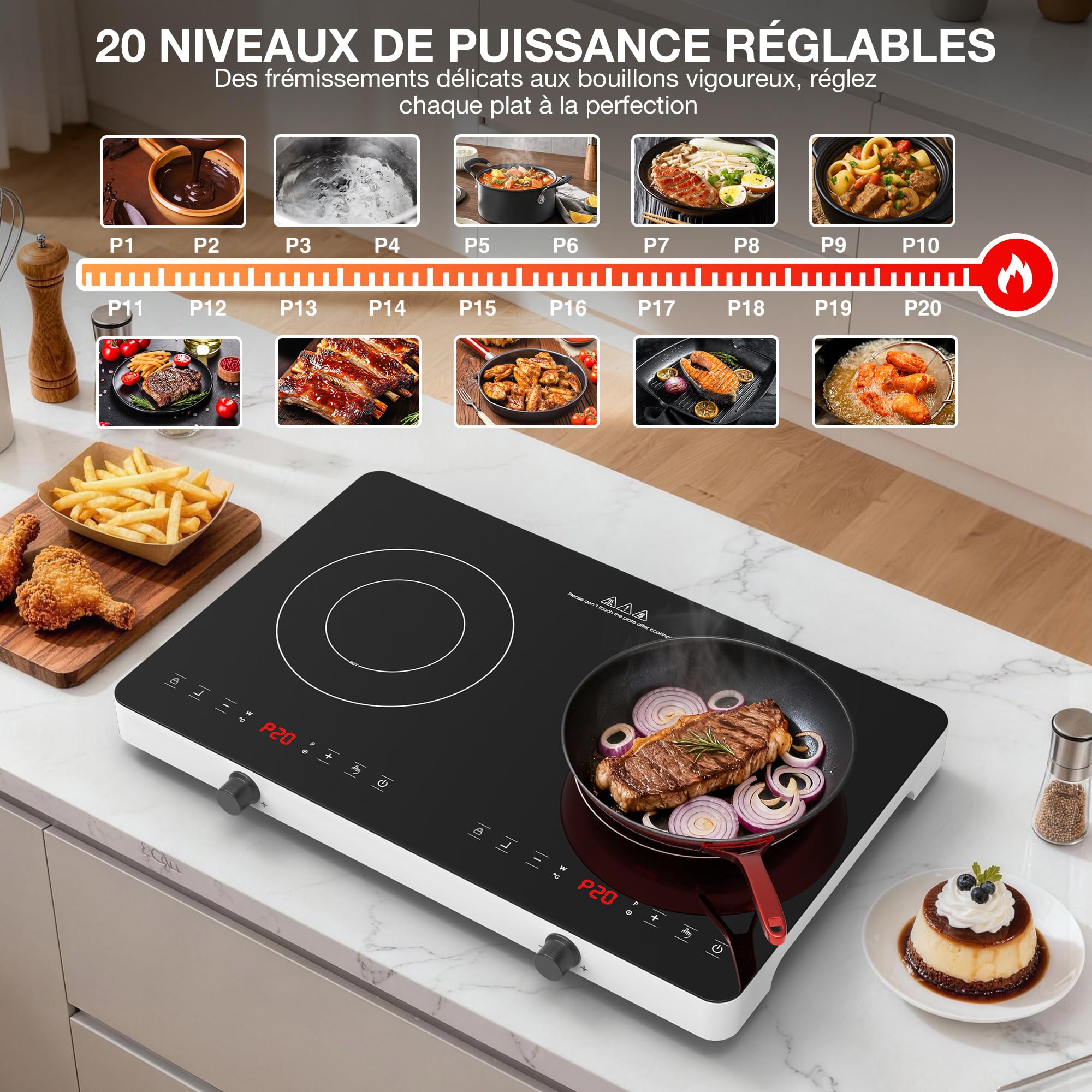 Induction Hob with 2 Burners 3600 W, 57 cm Electric Hob with Touch Control and Wheel Control, 20 Levels, Child Safety, Stove for Kitchen and Apartment