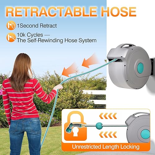Miniatura 2 de AXTRIM Carrete de manguera de jardín retráctil de 100 pies x 12 pulgadas, carrete de manguera de agua de alta calidad montado en la pared con
