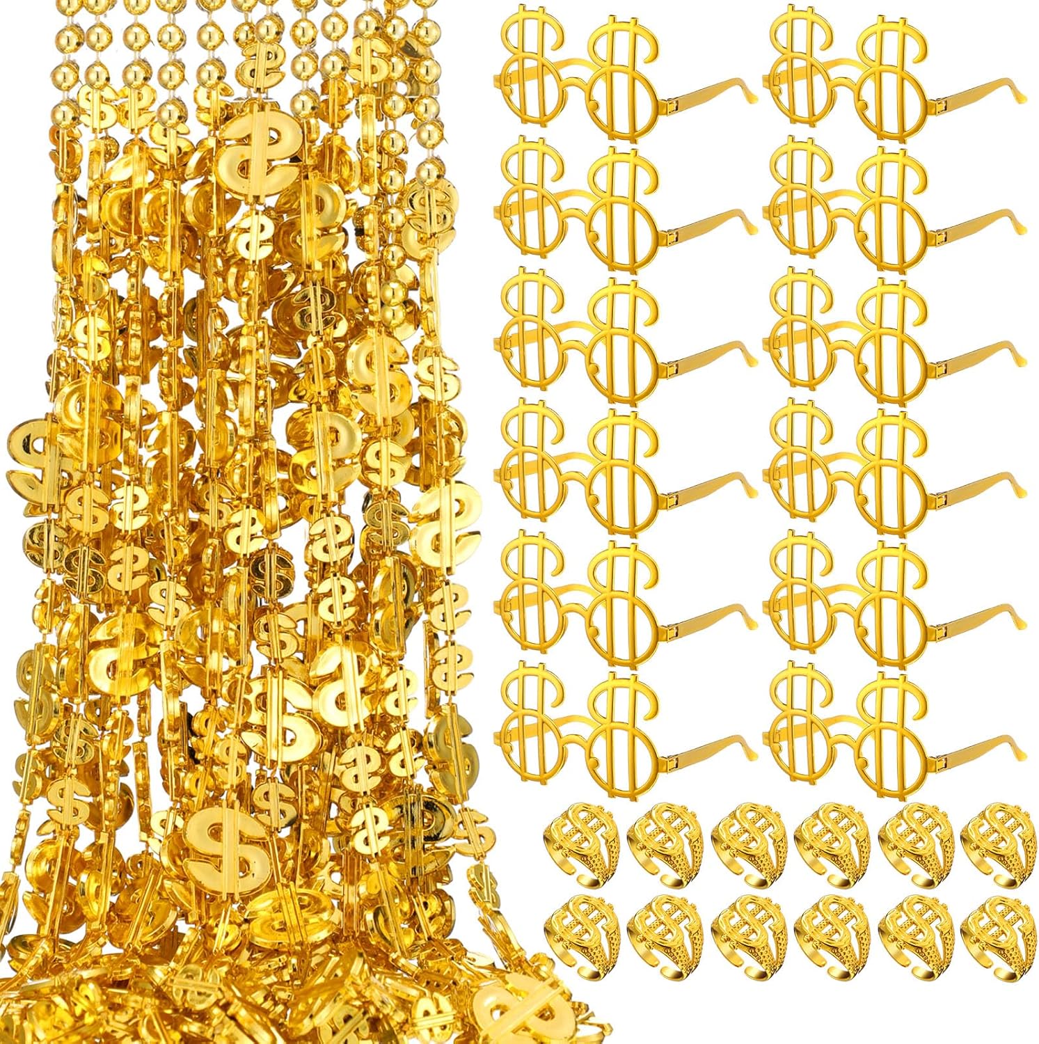 ecally 36 pcs money costume set dollar sign necklaces glasses ring fake dollar chain money eyeglasses ring hip hop jewelry gold 36