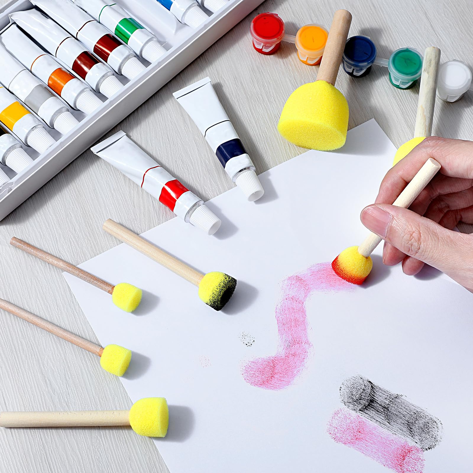 30 stuks sponskwasten voor kinderen (met 5 stuks bloemen-paddenstoelsticks), houten handvat, ronde schilderspons, paddenstoelvormige sponskwast, schilderen voor kinderen, doe-het-zelf schilderen