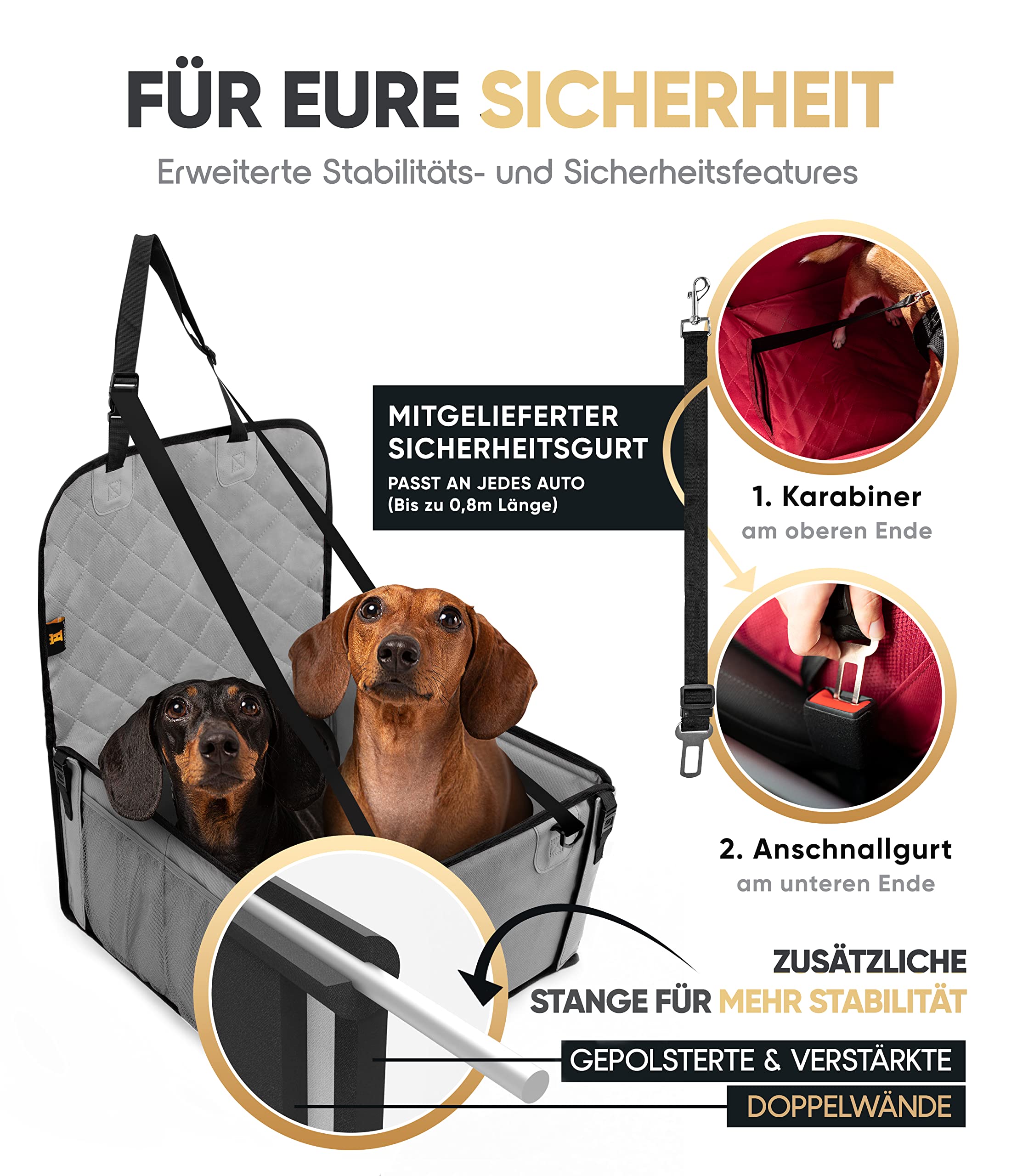 Heldenwerk Seggiolino auto per cani extra robusto Pareti rinforzate e 5 cinghie impermeabile sedile posteriore anteriore grigio misura