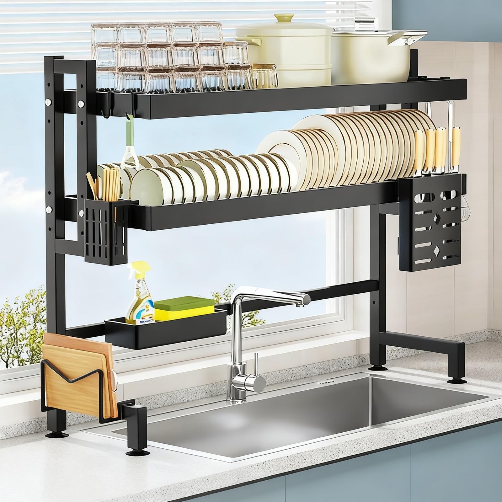 Escurridor de platos para encimera, soporte para utensilios de cocina, organizador que ahorra espacio para platos y cuencos