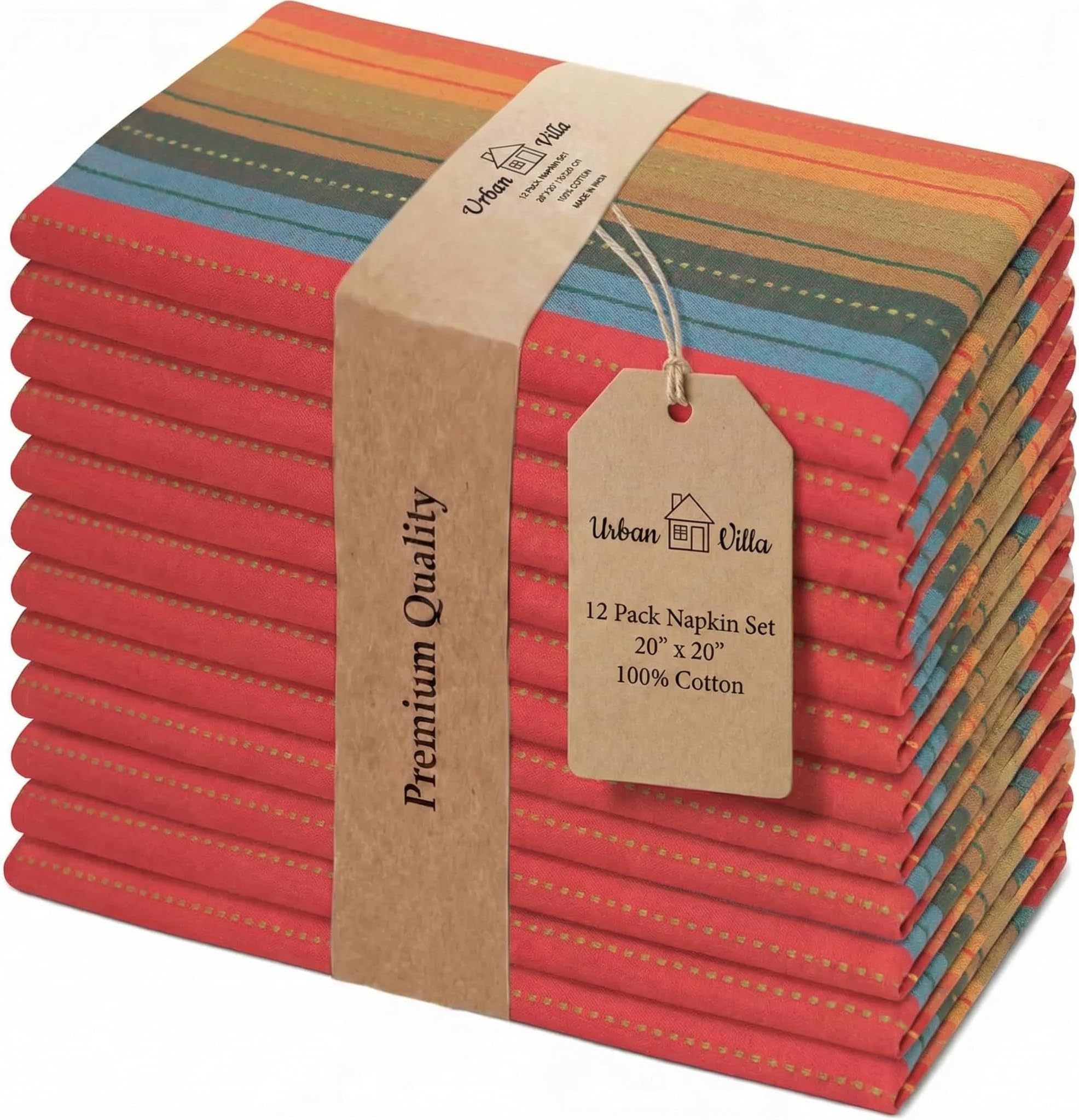 Urban Villa Cloth Napkins 100% Cotton Highly Absorbent Washable Durable Reusable Premium Dinner Napkins Ideal for Gifts for Mothers Day Hotel Farmhouse Parties - Red Multi (20" x 20", Set of 12)