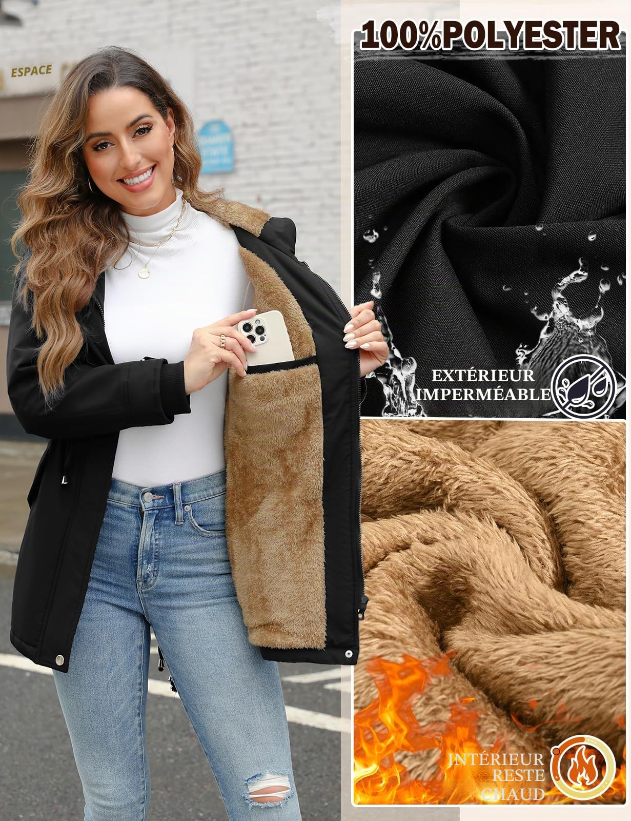 Nadeer Manteau Femme Hiver Polaire Chaud Veste Parka Manteau à Capuche Manches Longues Blouson Zippé Outercoat avec Poches