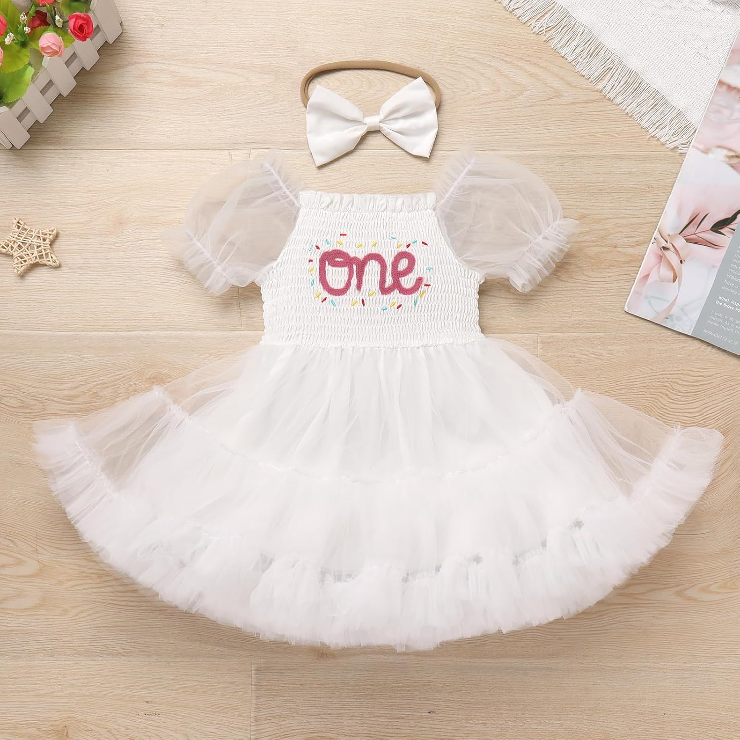 ODASDO ベビー ガールズ ドーナツ ファーストバースデー アウトフィット パフ 半袖 スモック フリル チュール チュチュ プ
