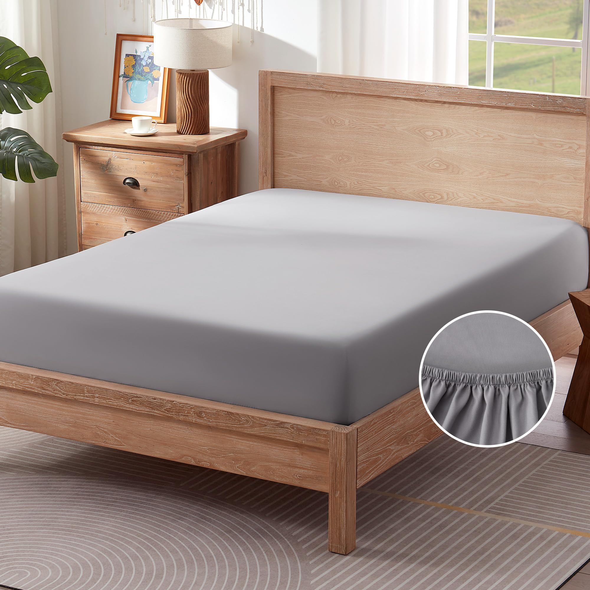 Sonive Fitted Sheet Breathable Bed Sheets 100% Polyester, 30cm Large Pocket,Easy Fit, Machine Washable, Non Slip, for Adults and Elderly, light gray,180x200cm