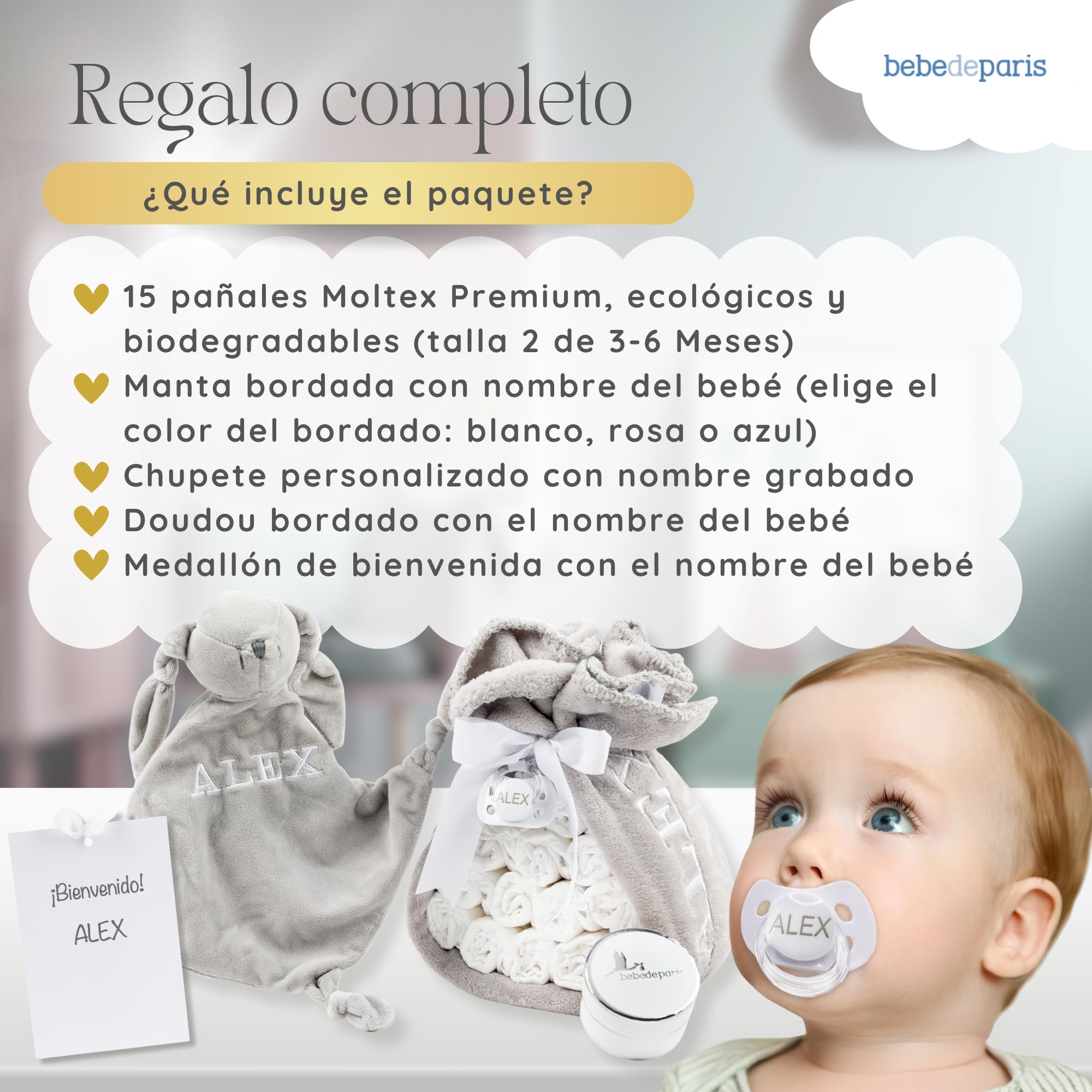 Tarta de Pañales con Doudou Conejito Personalizado | Manta Polar + Chupete Personalizado + 15 Pañales Moltex | Regalo Recién Nacido Baby Shower Nacimiento Niño Niña (Azul) | BebeDeParis