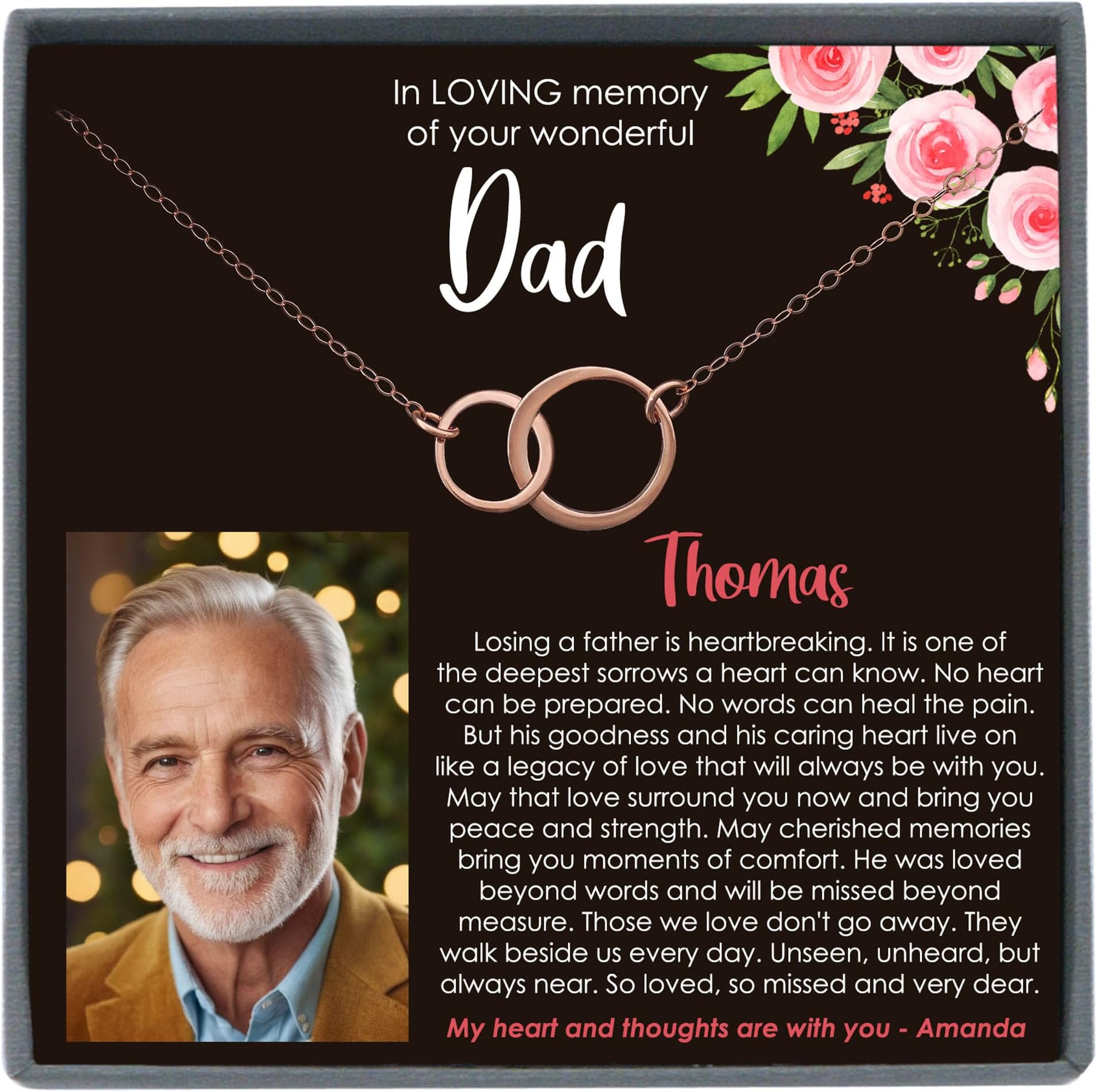 Personalized Bereavement Gifts for Loss of Father, Eternity Necklace with Meaningful Message, 14K Rose or Yellow Gold Filled or Sterling Silver