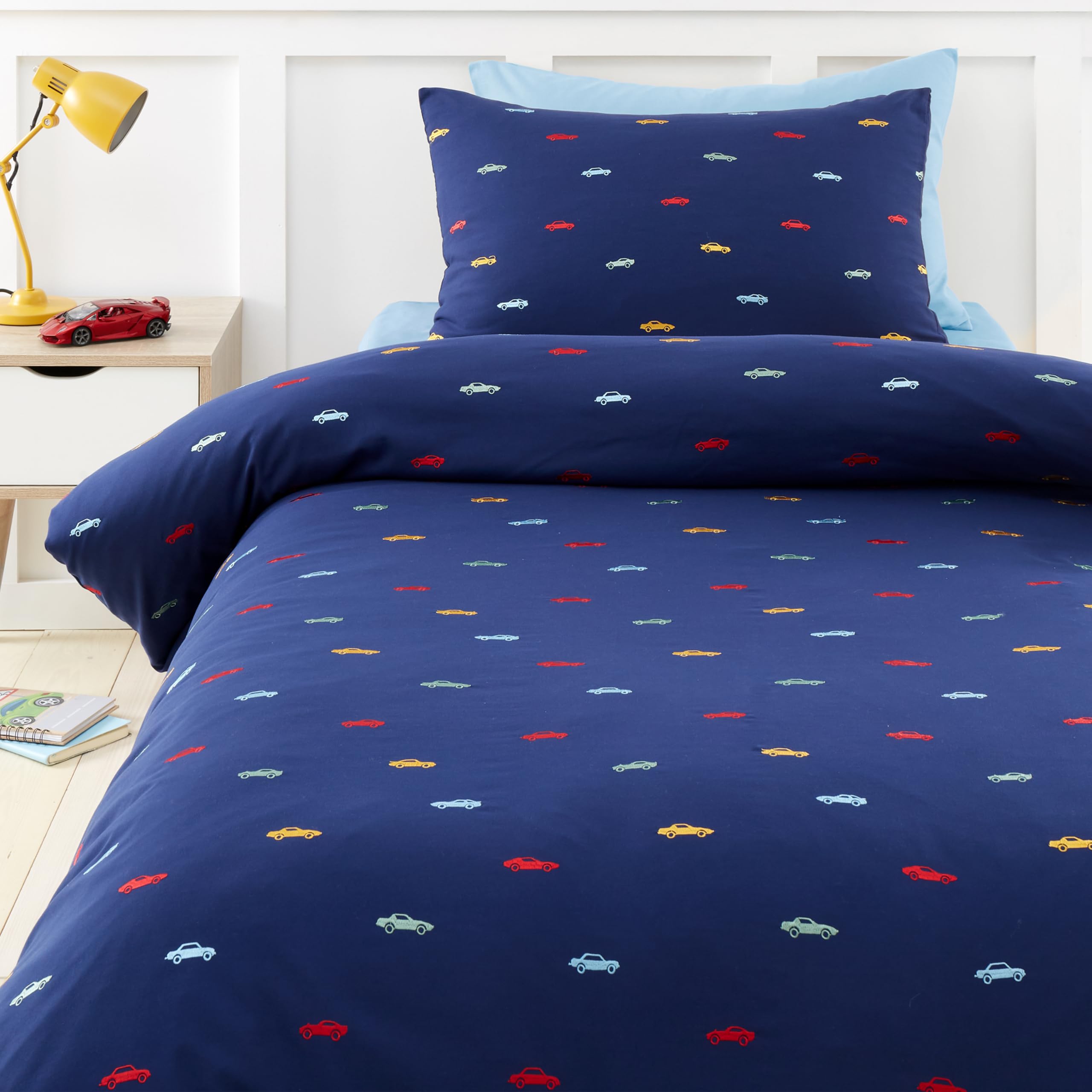 Catherine Lansfield Embroidered Cars Soft Microfibre Duvet Cover Set Blue Single