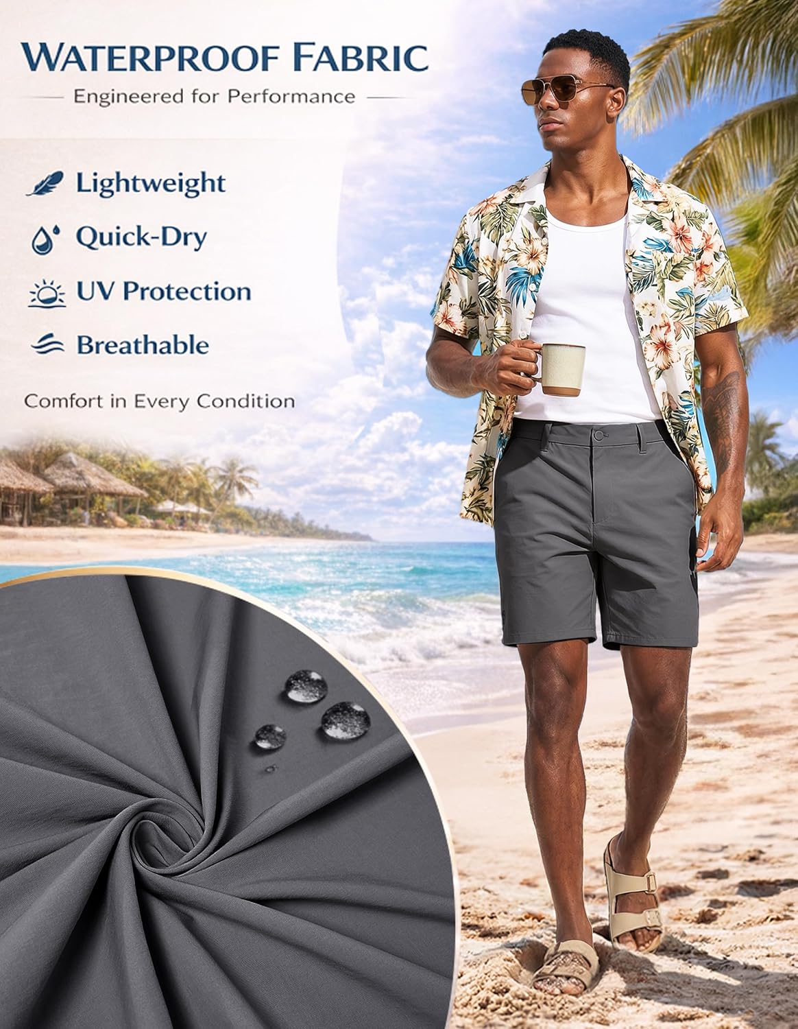 PULI Men's Golf Shorts 7 Inch Inseam Stretchy Waterproof with 5 Pockets for Travel Hiking Casual Business