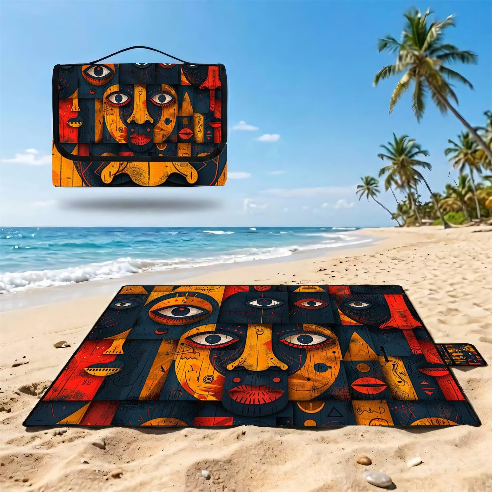 Couverture Pique Nique Grande 200x300cm,Outdoor Couverture Imperméable,Pliable Tapis de Plage Dos en PVC,Picnic Blanket pour Camping Accessoires,Jardin,Parc,Famille - Abstrait,Dessin animé FZ-166