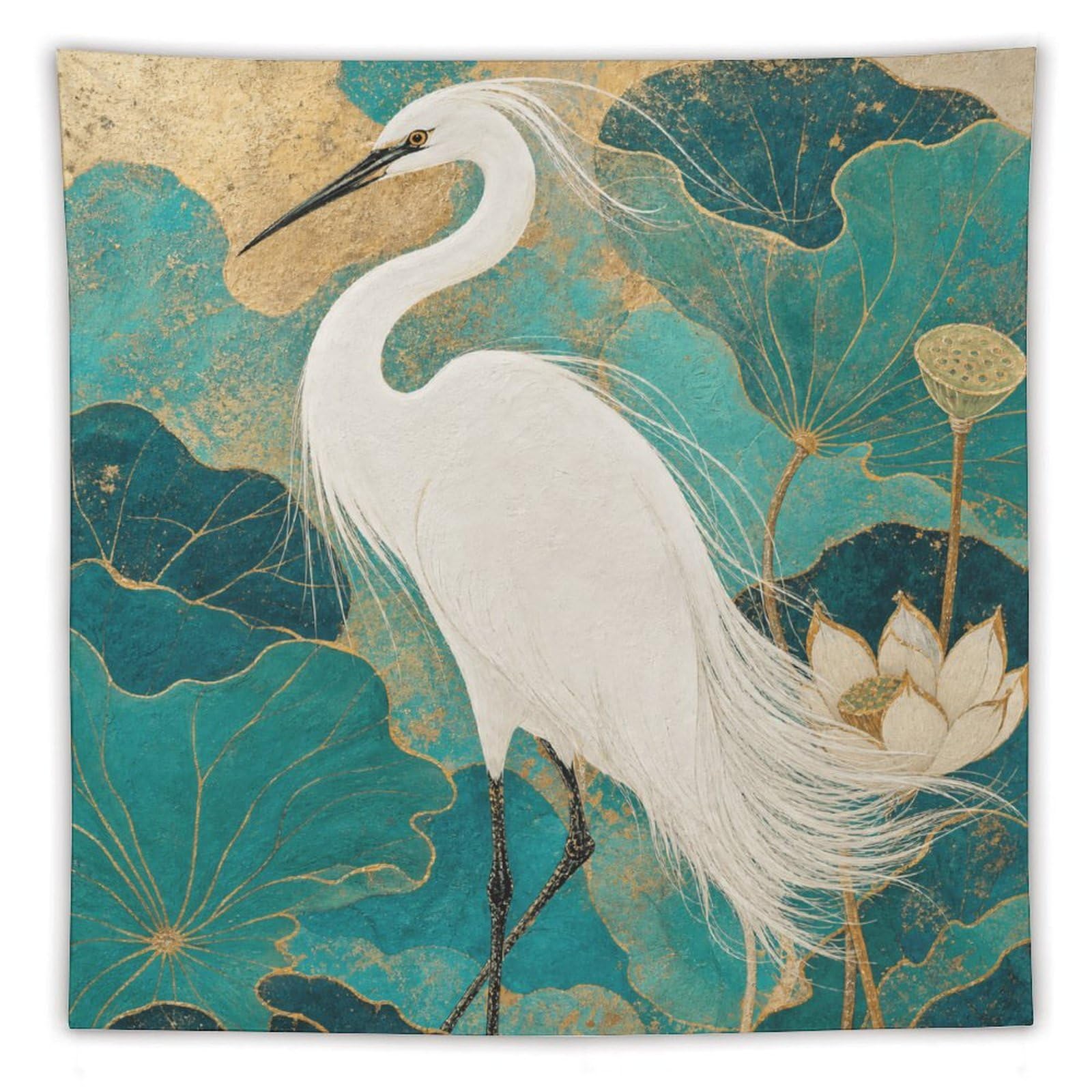 W7C8U2X3 White Egret and Lotus Wall Tapestry, Asian Ink, College Dorm