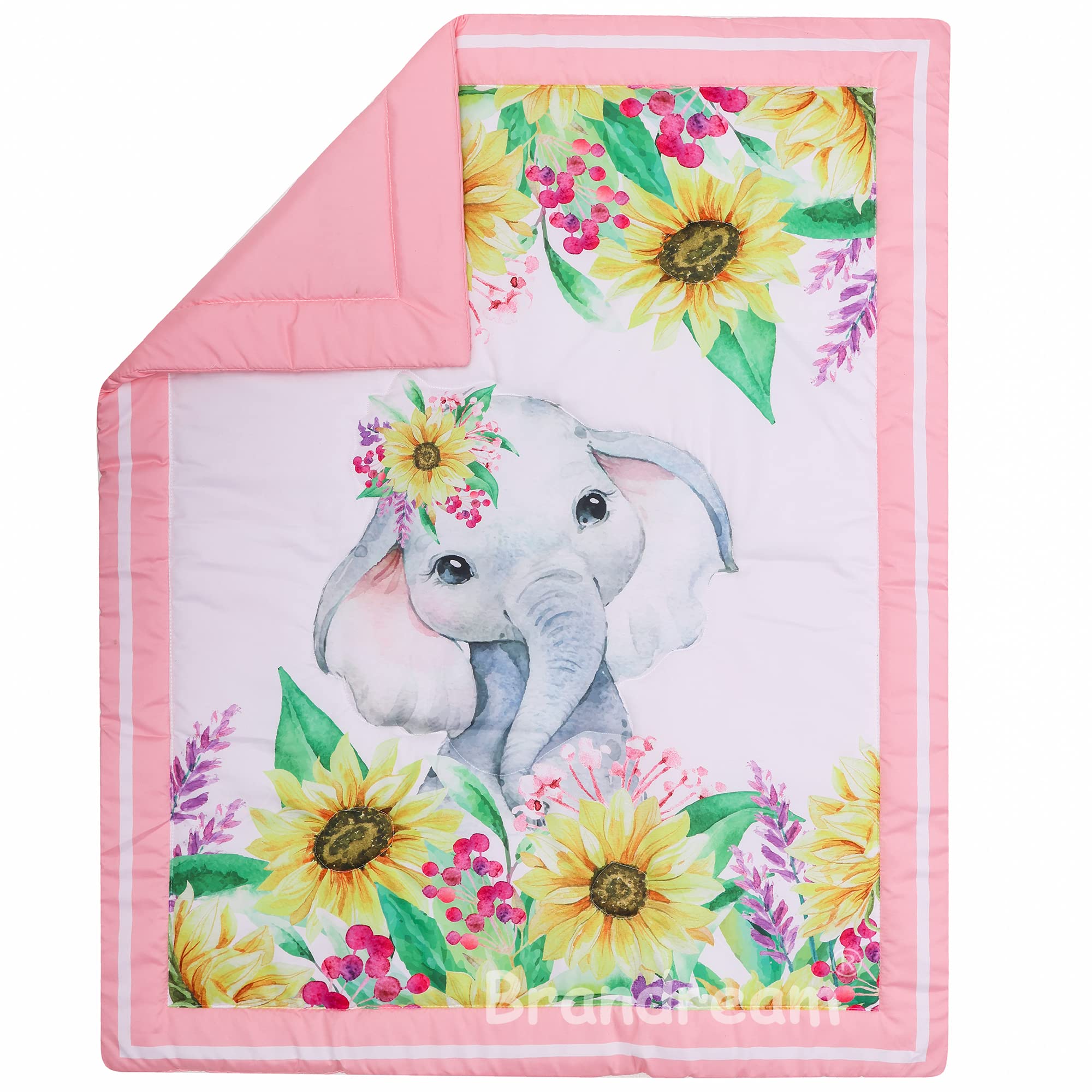 Brandream Juego de ropa de cama para cuna de elefante, girasol, para niñas, bohemio, rústico, elegante, floral, ropa de cama para guardería, rosa, amarillo, gris, juego de sábanas para bebé, 6 piezas