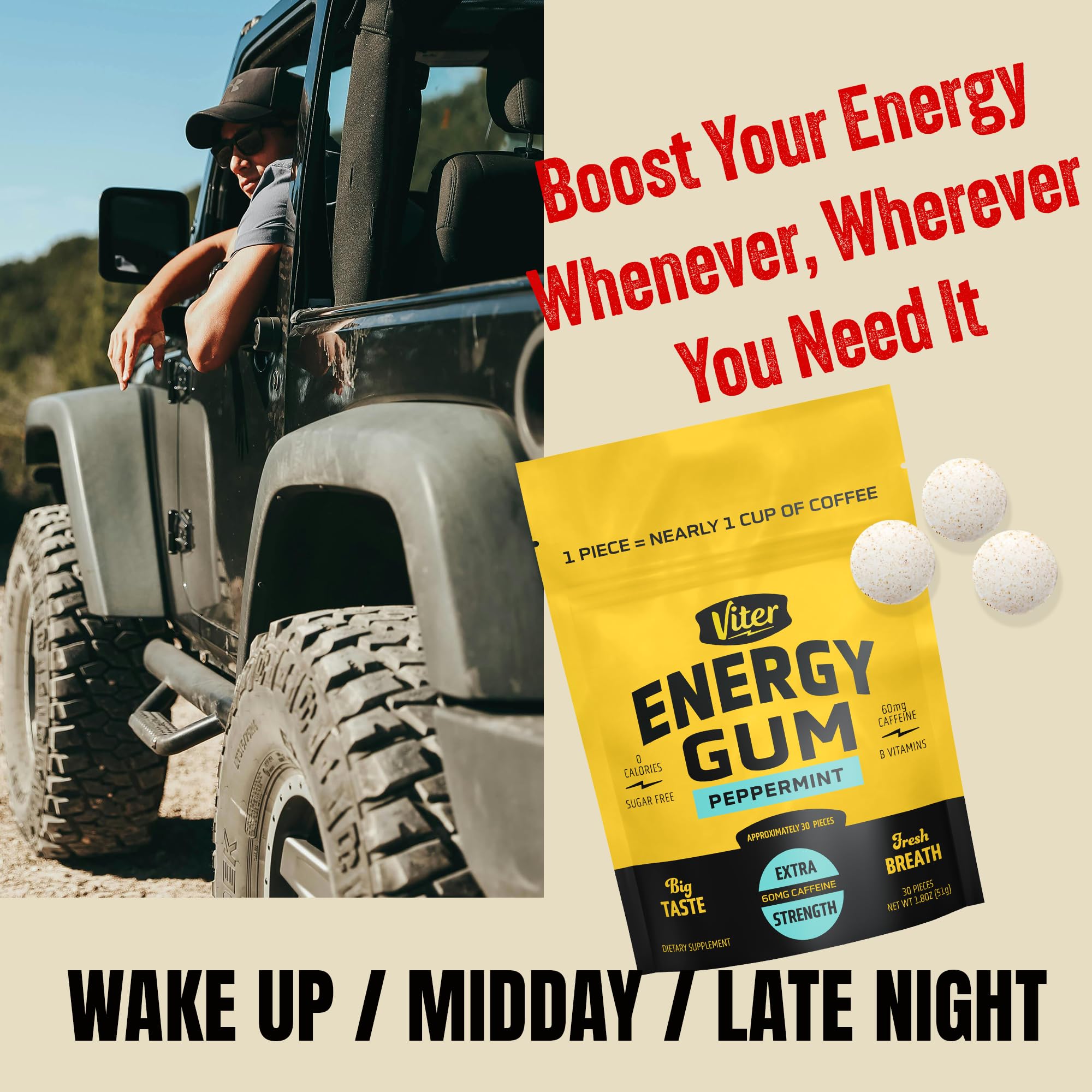 Viter Energy Caffeine Gum 60mg, Sugar Free, Peppermint, 30 Pieces — Amazon image 7