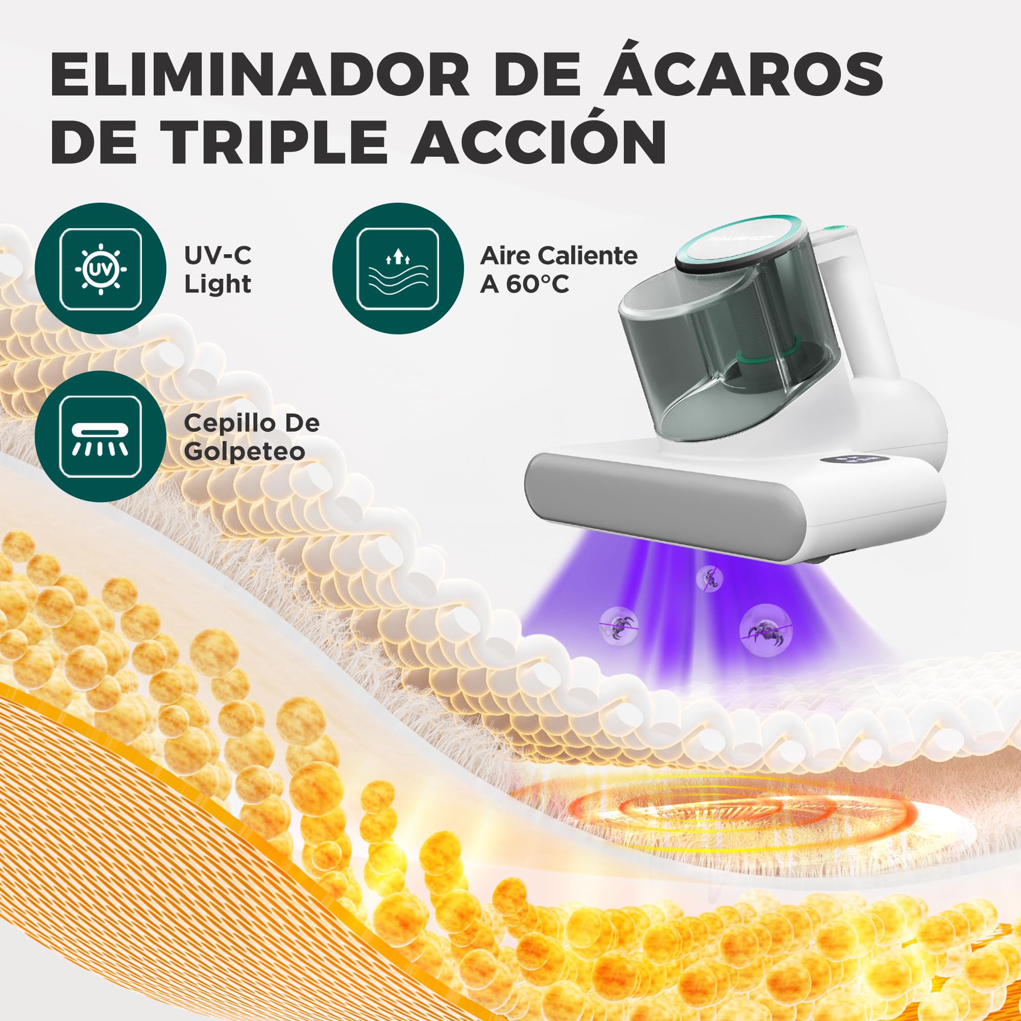HAUSHOF Aspirador Antiácaros para Colchones 400 W, 10500 RPM con Luz UV-C 275 nm, Aire Caliente 60 ℃, Pantalla LED y Depósitos Dobles, Ideal para Camas, Sofás y Alfombras
