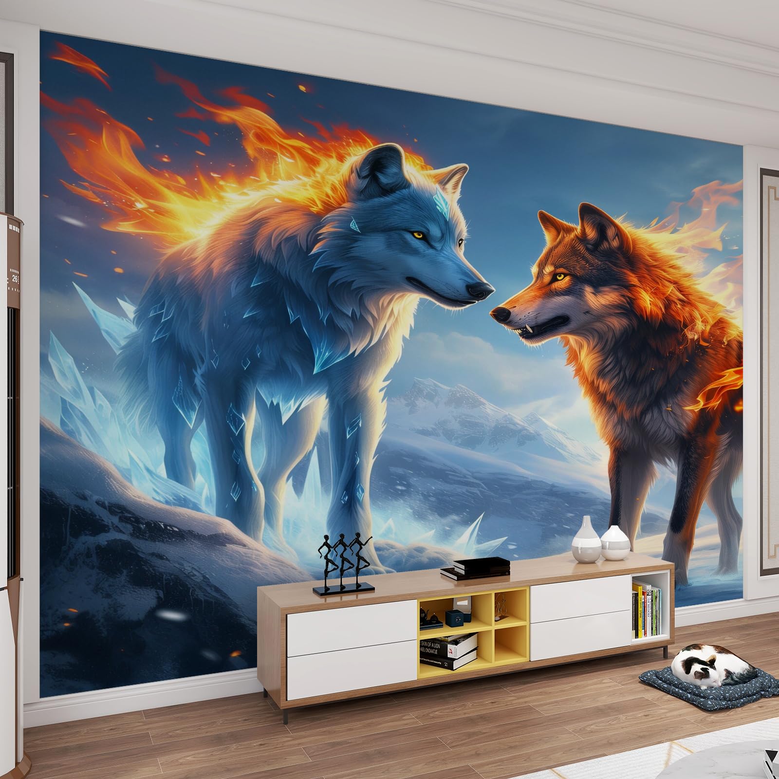 Peinture murale loup de glace feu pour masquer et decorer un grand mur