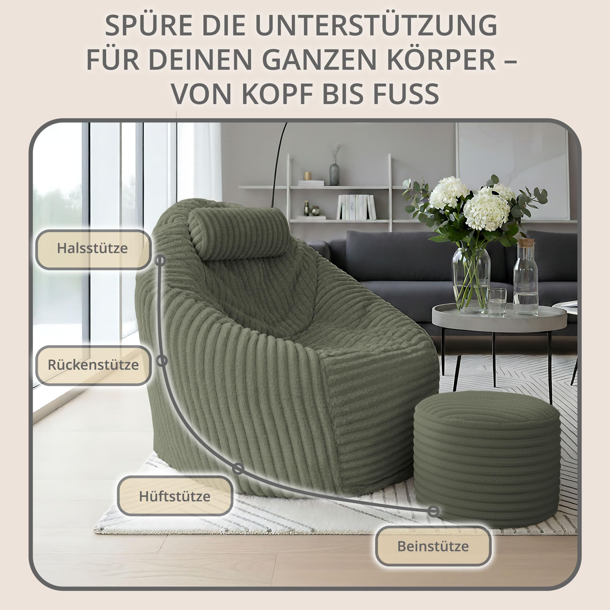 DreamRoots Sitzsack Erwachsene Cord, Sessel mit Hocker, Grün | Bean Bag Chair, Lesesessel, 92x70x100 cm, Kopfstütze & Aufbewahrungstasche, superweich, waschbarer Bezug, 420 g/m²