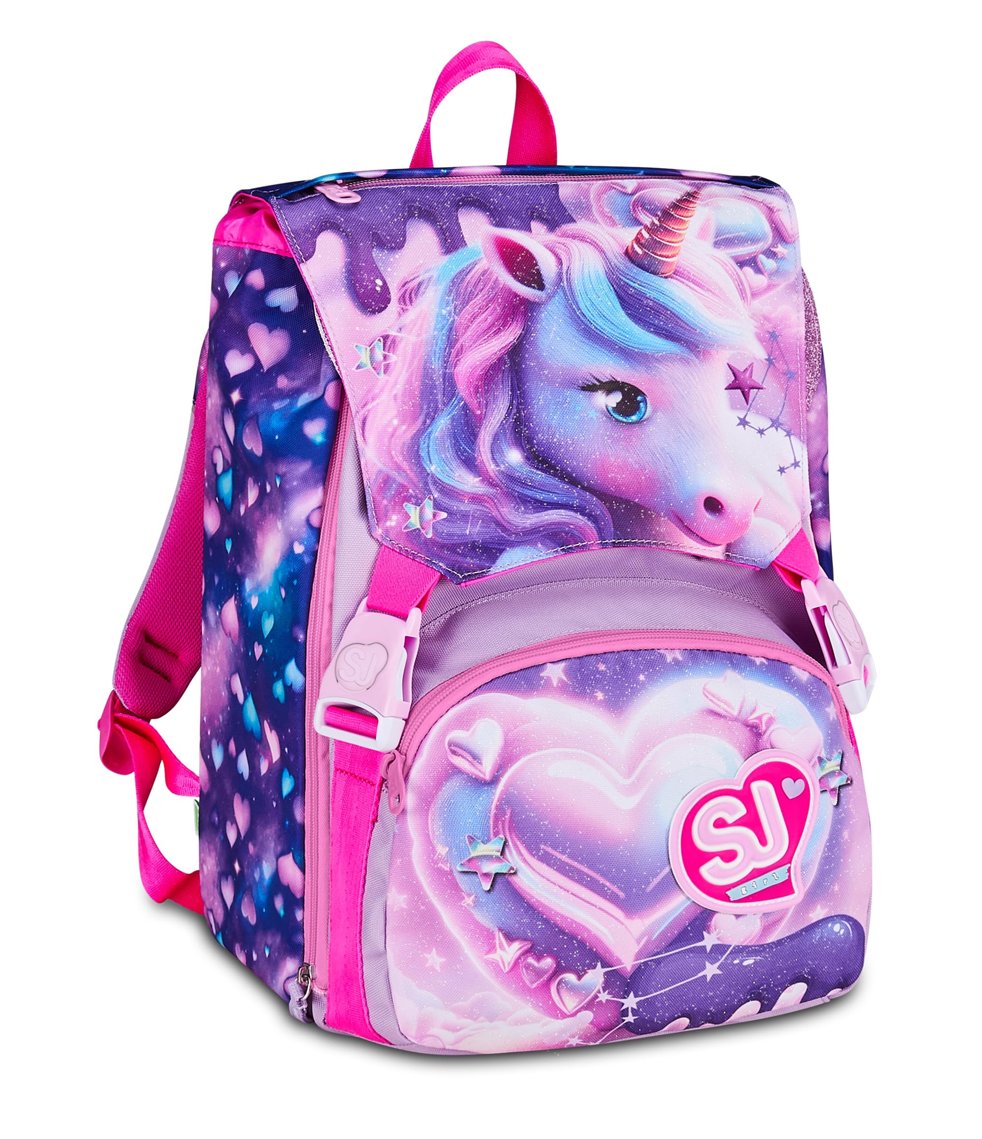 SJ GANG STYLE JAM GANG Zaino Scuola Estensibile PIXIE UNICORN, Rosa, 24L, Zip Laterali, Ali a scomparsa, Pattina scintillante, Tasca frontale, Tasca laterale portaborraccia, Scuola elementare, Bambina