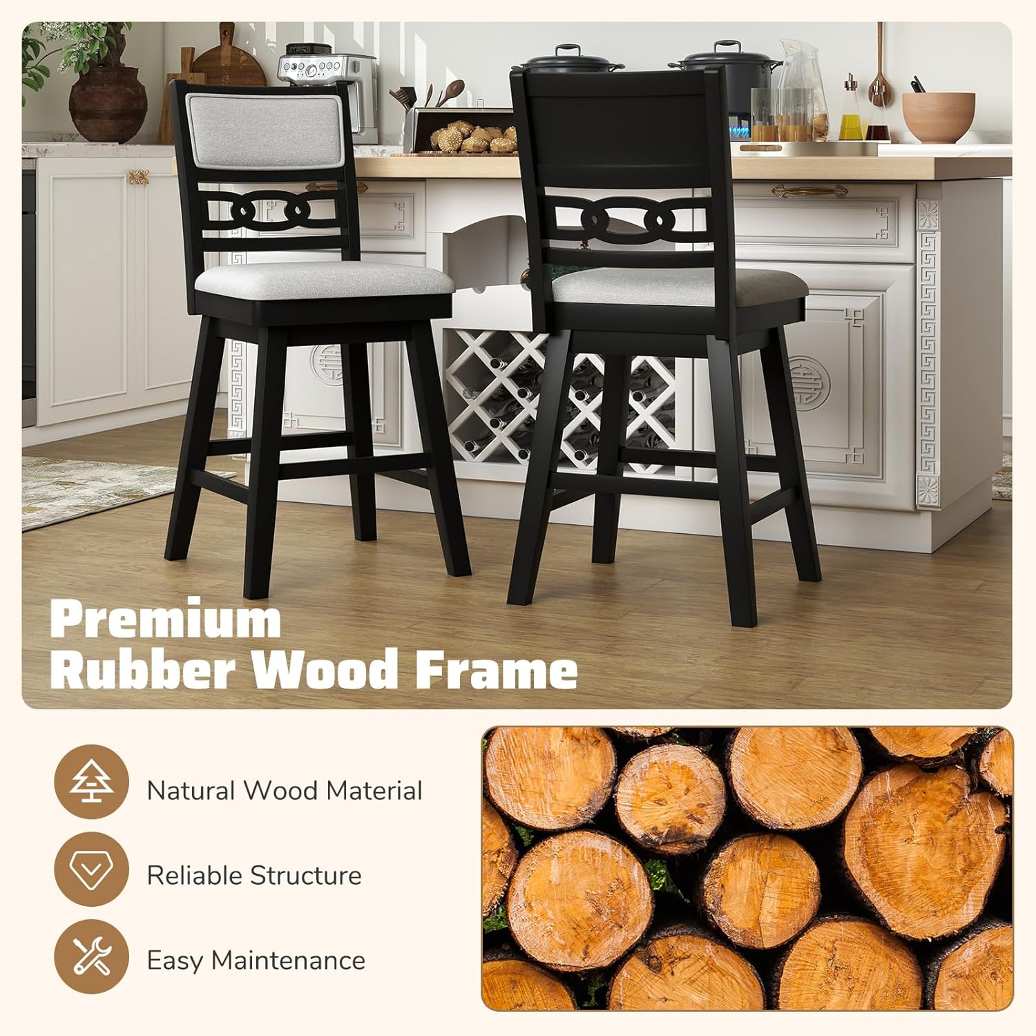 Giantex 25" Bar Stools Set of 2, Modern Counter Height Tall Chairs w/Padded & Hollowed Backs, Rubber Wood Frame, 360° Swivel Upholstered Barstools for Kitchen Island, Pub, Cafe