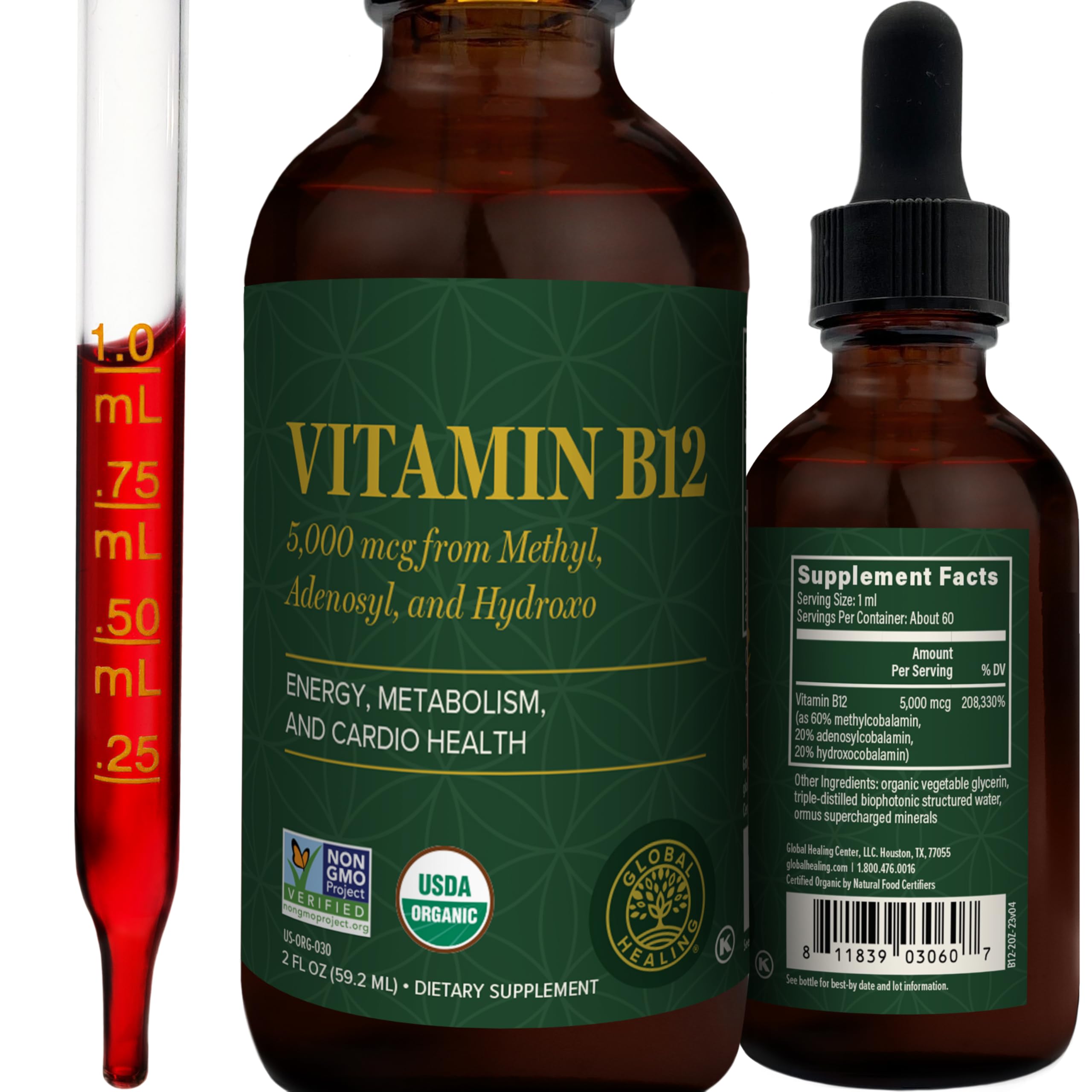 Global Healing CenterTriple Activated B12 5000 mcg Organic Sublingual Liquid Vitamin Supplement, Methylcobalamin,Adenosylcobalamin,Hydroxo Blend for Long-Lasting Energy and Healthy Metabolism-2 Fl Oz
