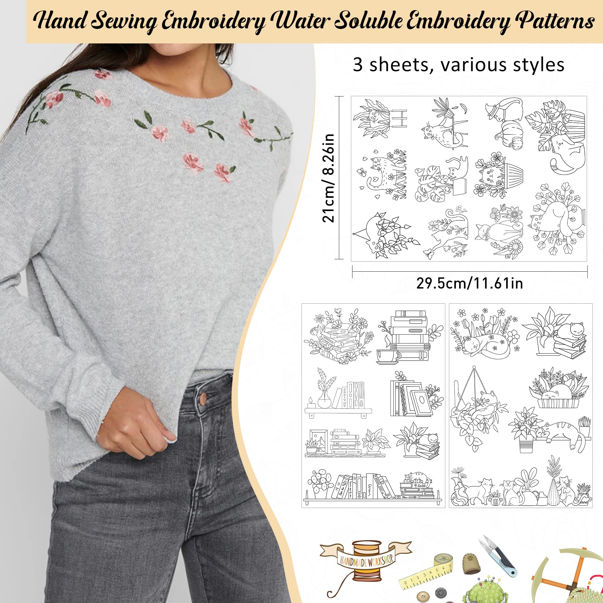 Water Soluble Stabilizer Embroidery Paper - Stick and Stitch Embroidery Paper Wash Away, 3 Sheet Embroidery Patterns, Potted Plant, Flower Book Cat Design, Hand Sewing Crafts