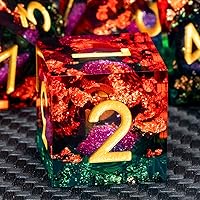 Vista 10 de ARUOHHA juego de dados de núcleo líquido DND, juego de dados de 7 piezas de resina con bordes afilados RPG rojo azul poliédrico D y D con caja