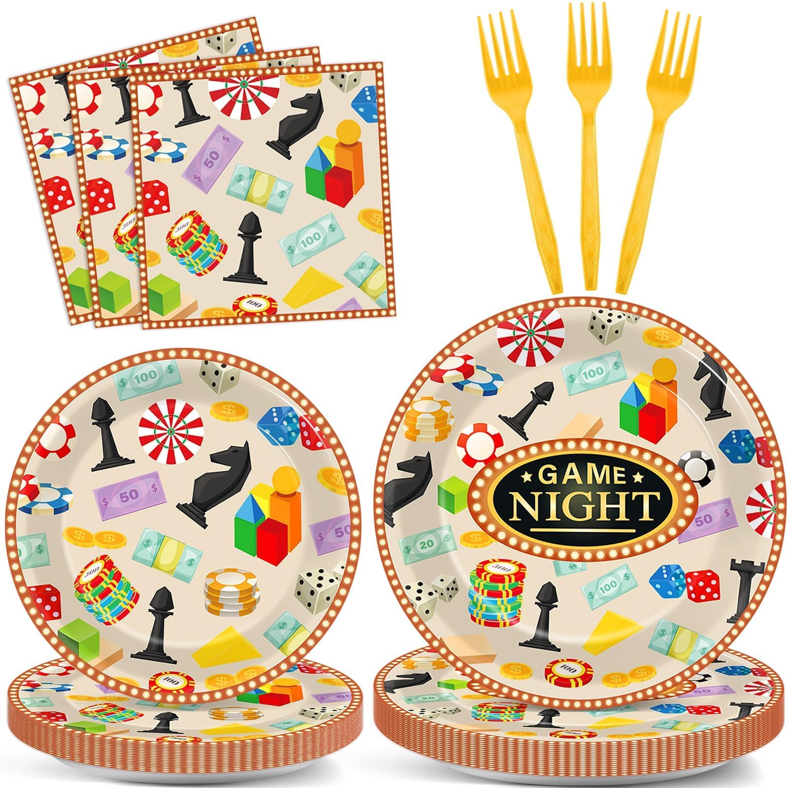 Qyeahkj 100 Pcs Game Night Party Decorations for Family Game Night Plates and Napkins Casino Video Game Paper Dinnerware Table Supplies Disposable