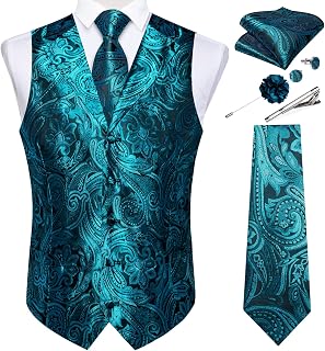 Mens Vest Tie Set 7PCS Silk Paisley Suit Waistcoat and Necktie Hankerchief Cufflinks Lapel Pin Set for Wedding Party