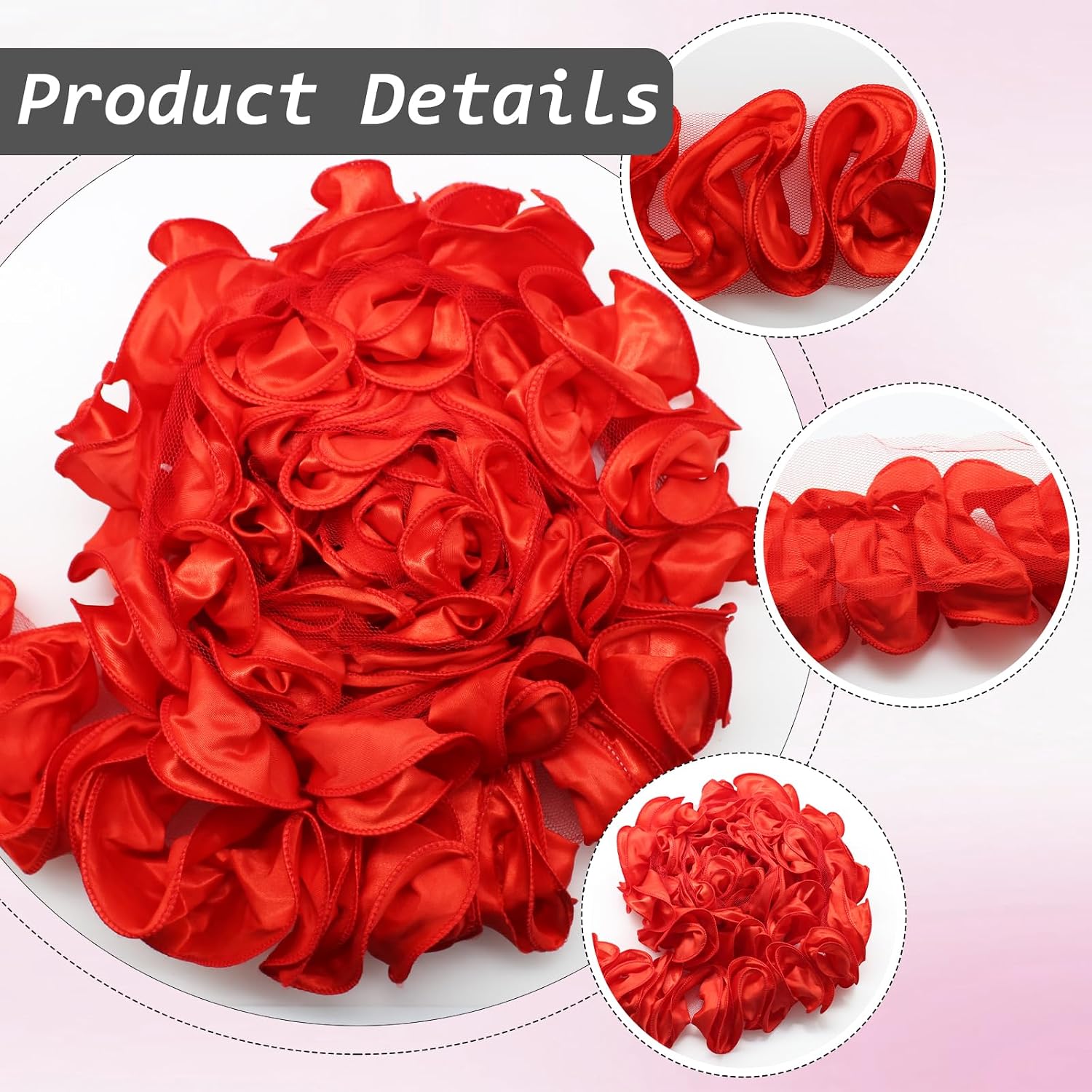 Yalulu 5 Yards 3D Pleated Chiffon Lace Trim Ribbon Fabric Applique Trimming Lace Ruffle Trim Craft Sewing Wedding Dress Decoration Accessories (Red)