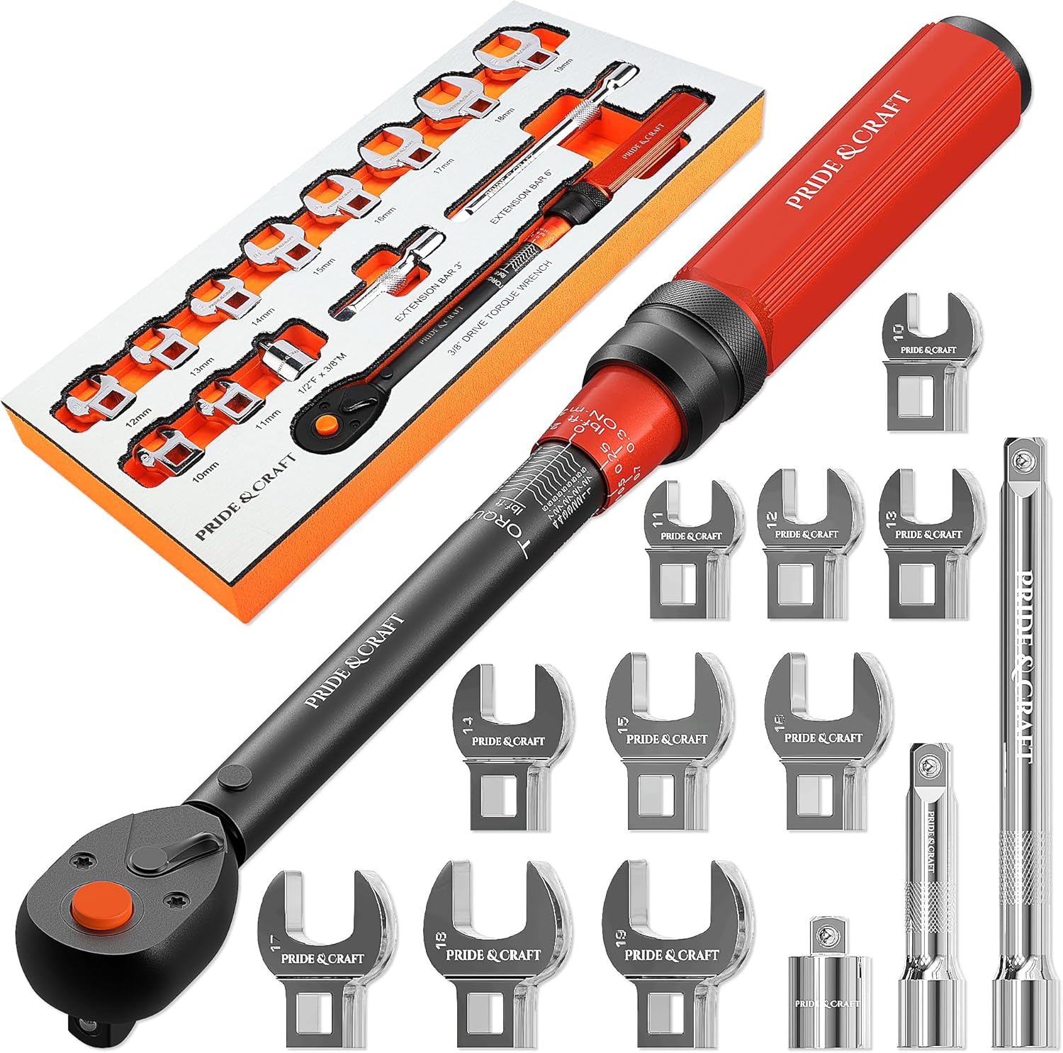 PRIDE&CRAFT 14-Piece Crowfoot Wrench Set, 3/8 Inch Drive Click Torque Wrench with Metric Crowfoot Wrench Heads (10-19mm), 2 Extension Bars, 1/2”F - 3/8”M Universal Joint, One Set for All Purposes