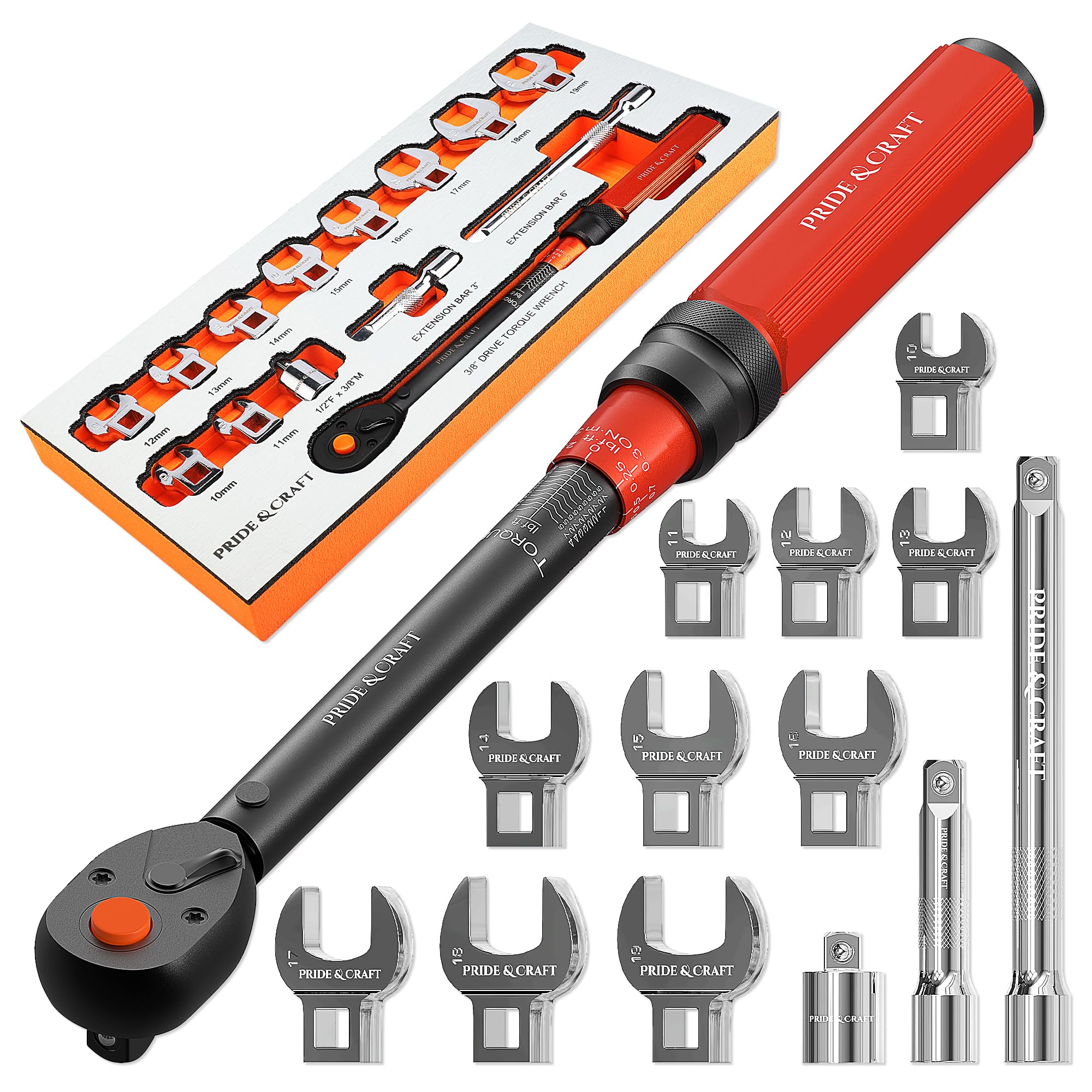 PRIDE&CRAFT 14-Piece Crowfoot Wrench Set, 3/8 Inch Drive Click
