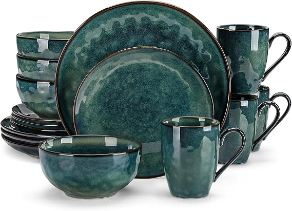 vancasso Starry 16 Pieces Green Dinnerware Set, Reactive Change Glaze Dinner Set, Plates and Bowls Set