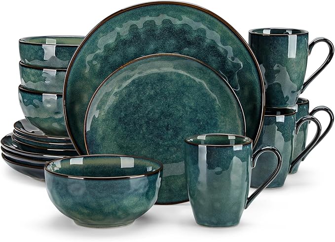 vancasso Starry 16 Pieces Green Dinnerware Set, Reactive Glaze Dinner Sets, Plates and Bowls Set for 4, 16 Pcs Ceramic Dish Set Stoneware