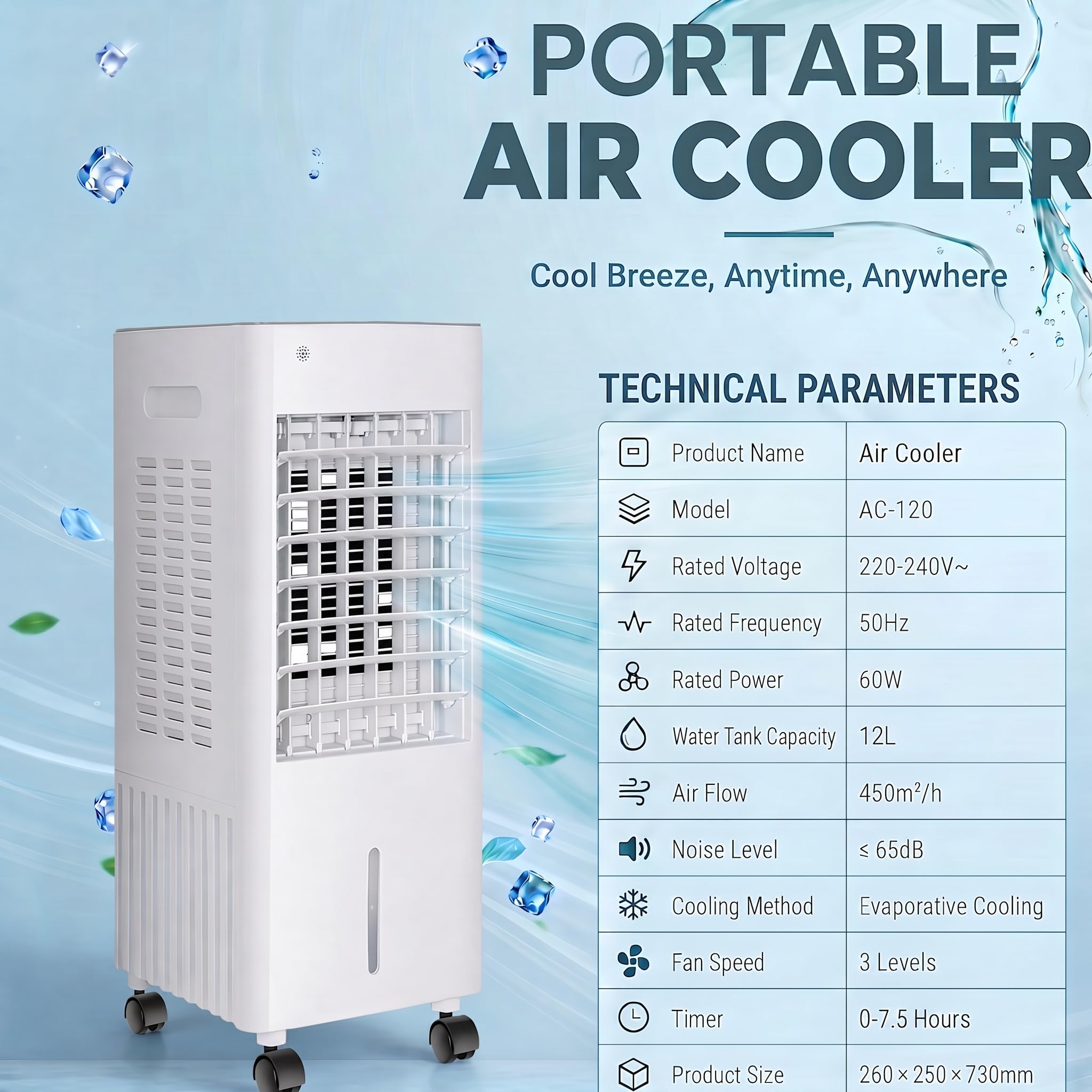 4 in 1 Tragbare Klimaanlage Verdunstungskühler/verdunstungskühler mit 12L Wassertank, 3 Geschwindigkeits-Fernbedienung, 90°-120° Oszillation, 7.5H Timer für Innenraum, Schlafzimmer (White 12L)