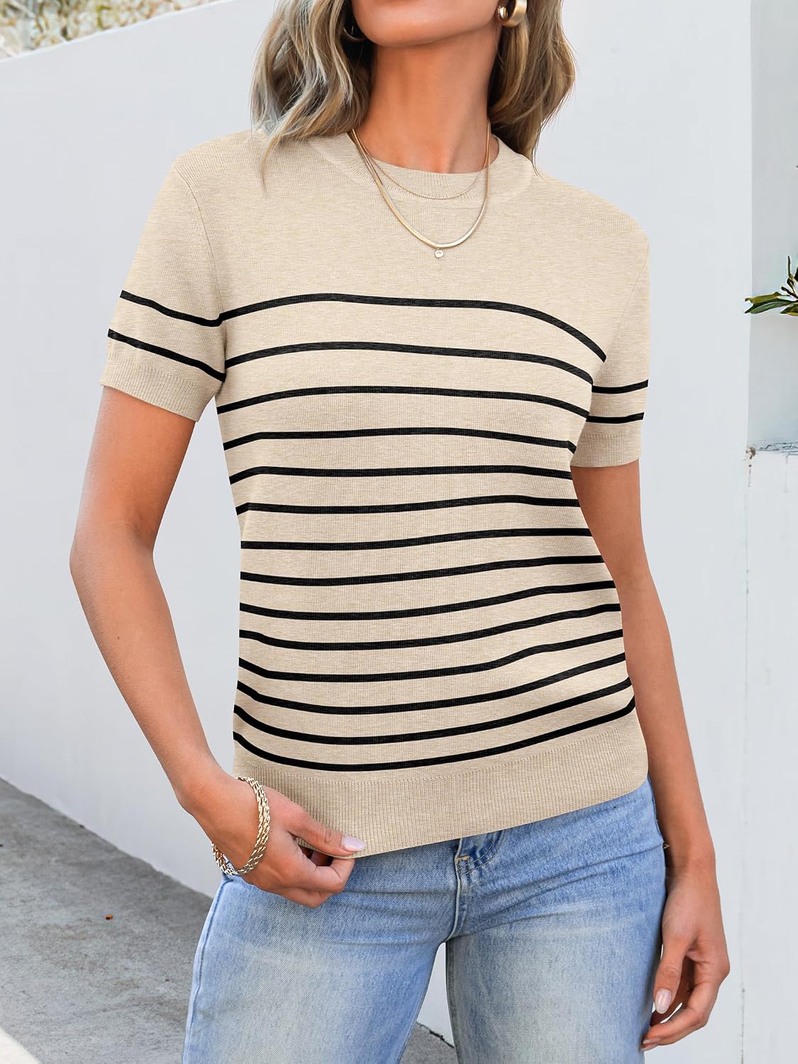ANRABESS Womens Short Sleeve Sweaters Wool Blend