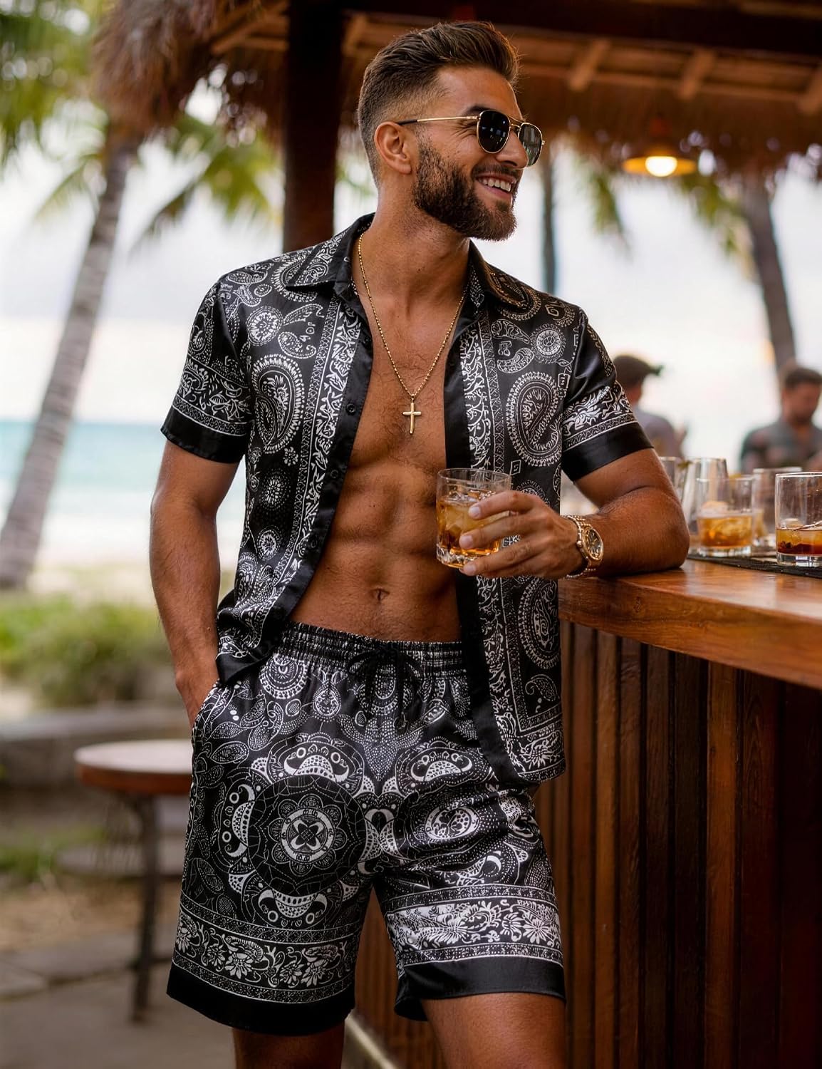 Mens Hawaiian Shirt Sets Satin Silk Casual Button Down Shirts 2 Piece Luxury Summer Beach Outfits for Men