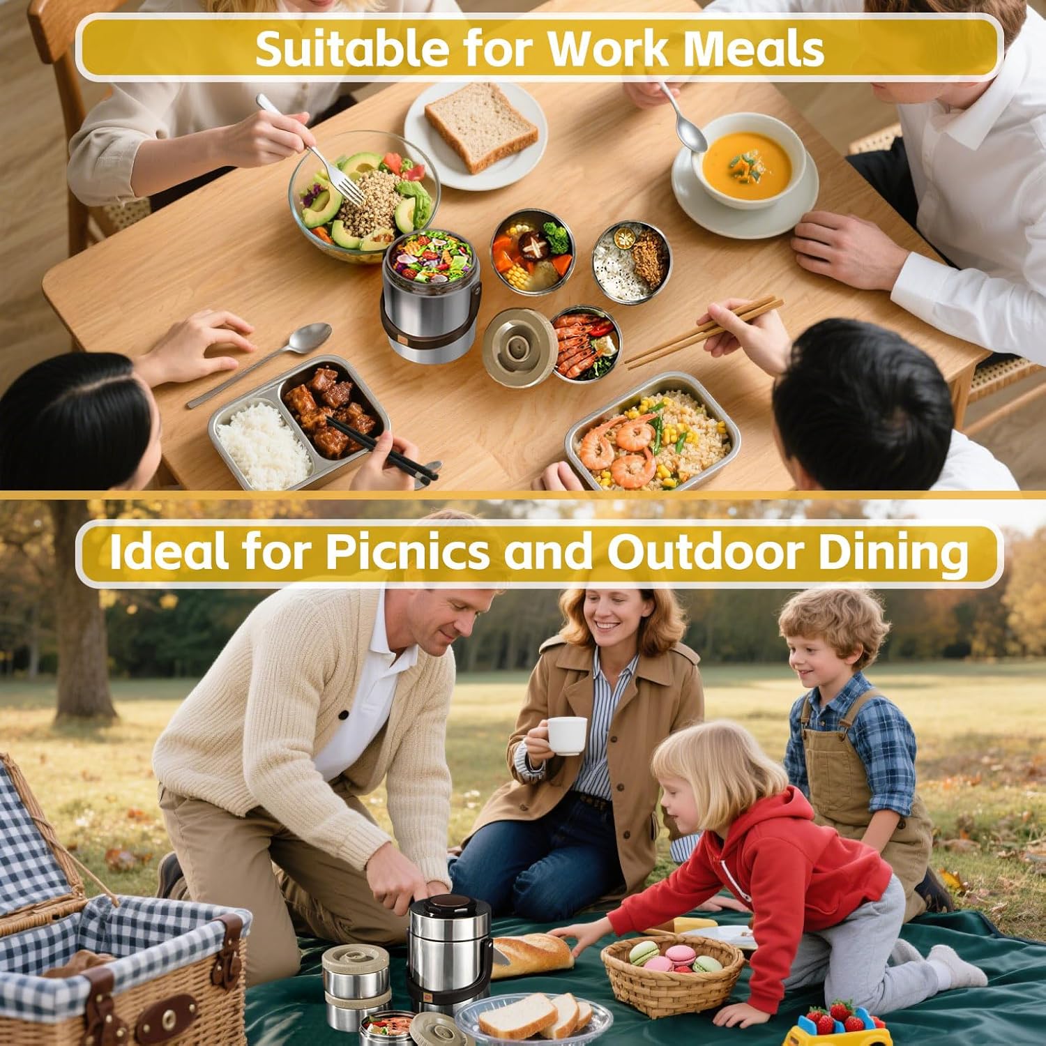 Vacuum Insulated Food Container Set with 3 Stackable Compartments - 67oz Adults Thermal Lunch Box, Leak-Proof Stainless Steel Wide Mouth Thermal Food Jar for Hot Food, Office & Outdoor