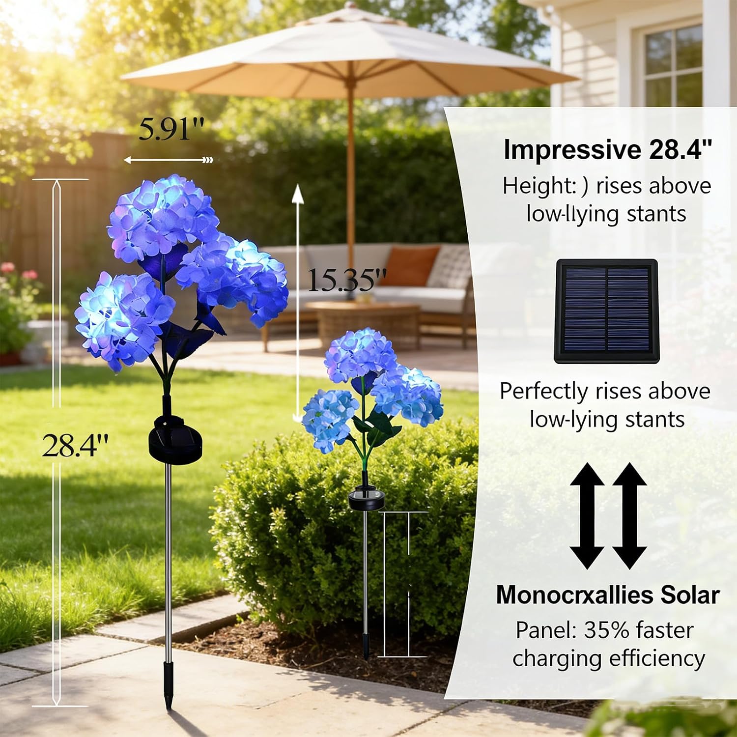 Fairy Hydrangea Lights, 3-Head 28.4" Large Hydrangea Solar Lights for Outside, Solar Flowers Outdoor Waterproof Garden Decor for Yard Backyard Walkway Cemetery (2, Blue) image 3