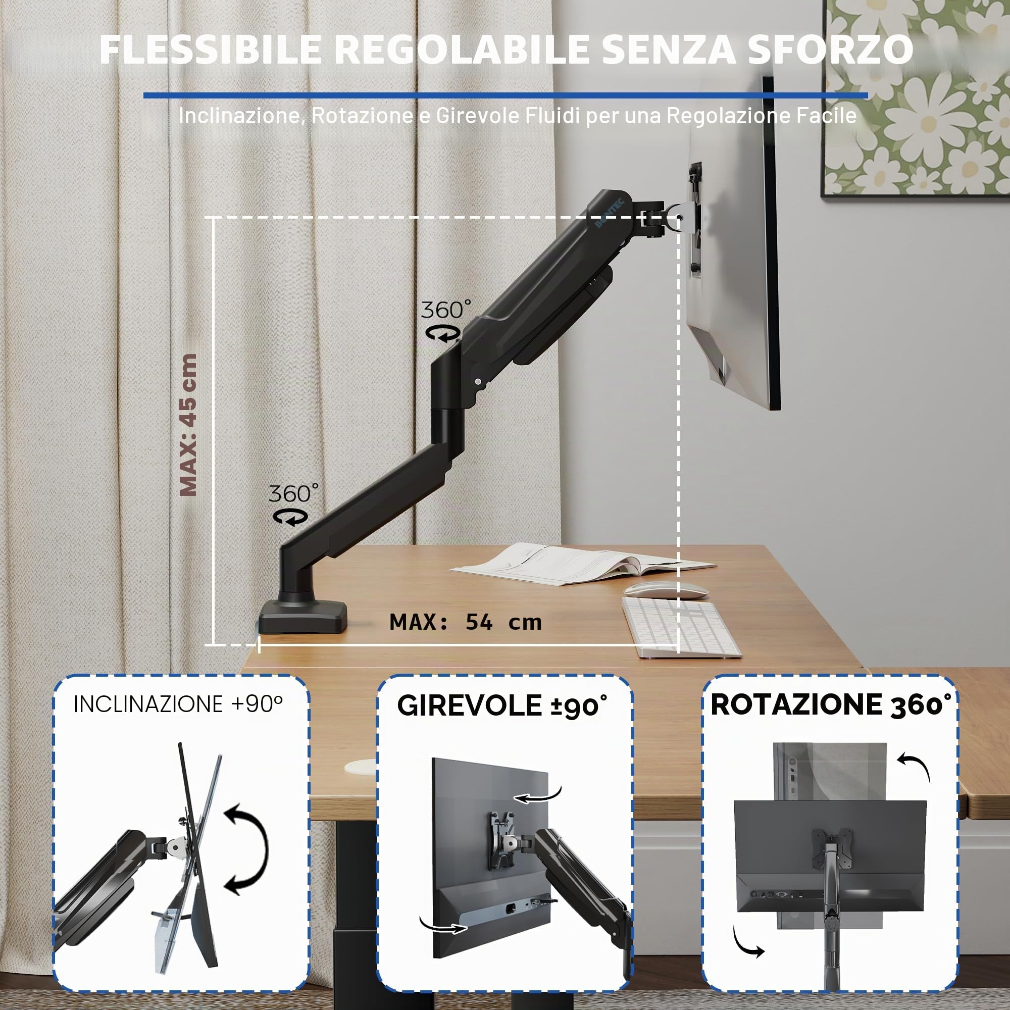 BONTEC Supporto per monitor 13-32 Pollici con braccio monitor a molla a gas regolabile, compatibile con monitor gaming e schermo PC fino a 9 kg, VESA 75/100 mm, rotazione 360°, altezza regolabile